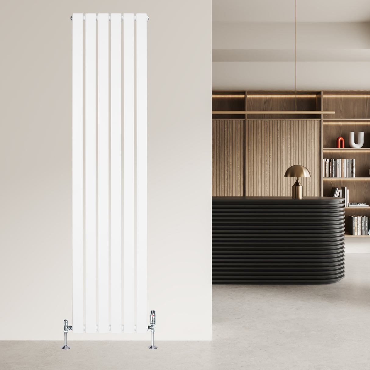 Strakke, witte designradiator met vlakke panelen, 1 kolom, 1800 x 420mm, geplaatst tegen een neutrale muur in moderne interieurstijl