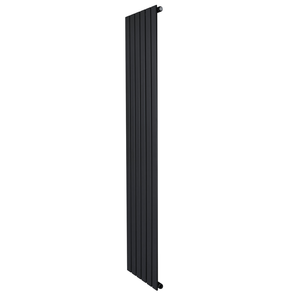 Zwart design radiator met vlakke panelen en een slank, modern ontwerp, ideaal voor smalle ruimtes en stijlvolle interieurs