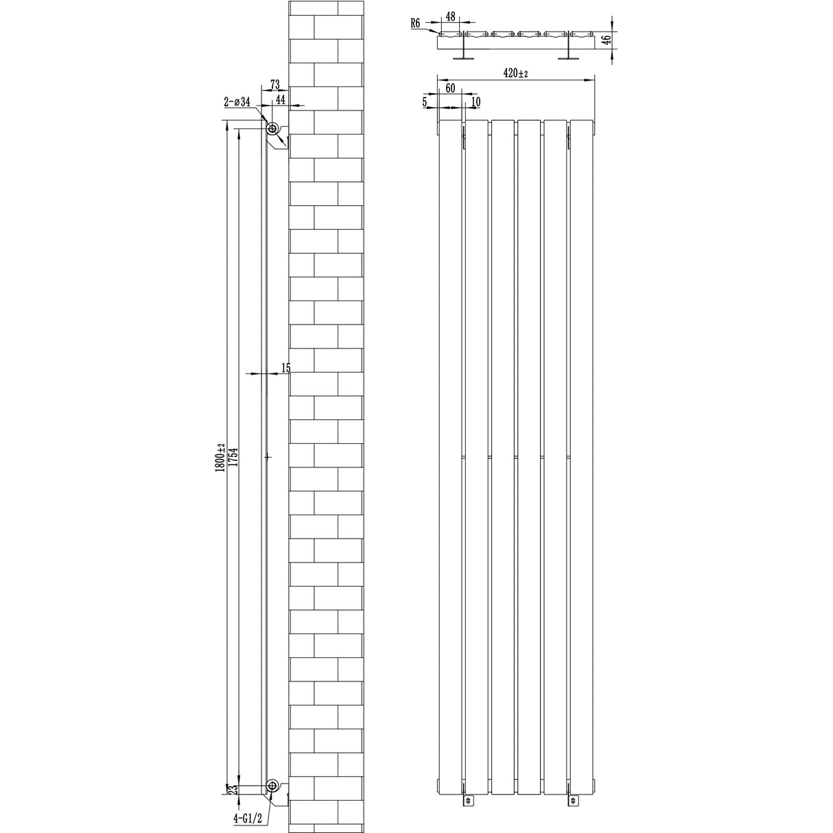 Zwart designradiator met vlakke panelen en één kolom, afmetingen 1800 x 420 mm, geschikt voor moderne interieurs