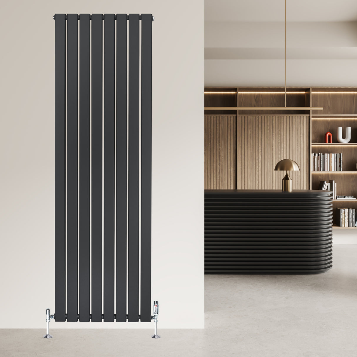 Vlakke design radiator met antraciet grijze panelen, 1 kolom, 1800 x 560mm, strak en modern, perfect voor hedendaagse interieurs