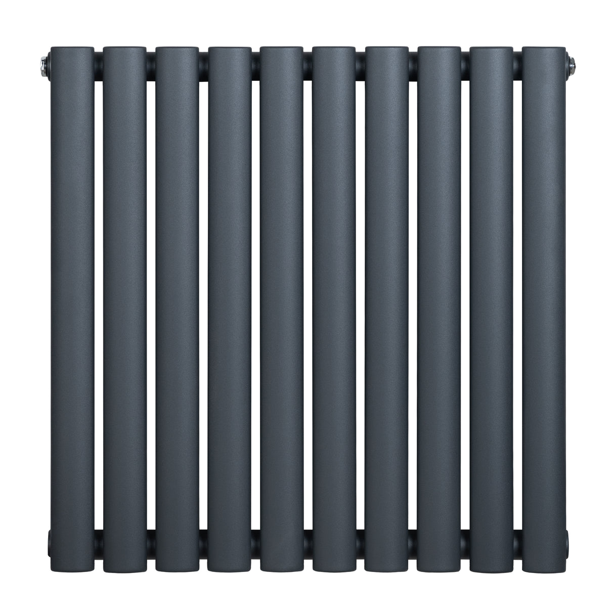 Ovale design radiator in antraciet grijs, met één kolom en een afmeting van 600 mm x 600 mm, heeft een moderne, strakke uitstraling
