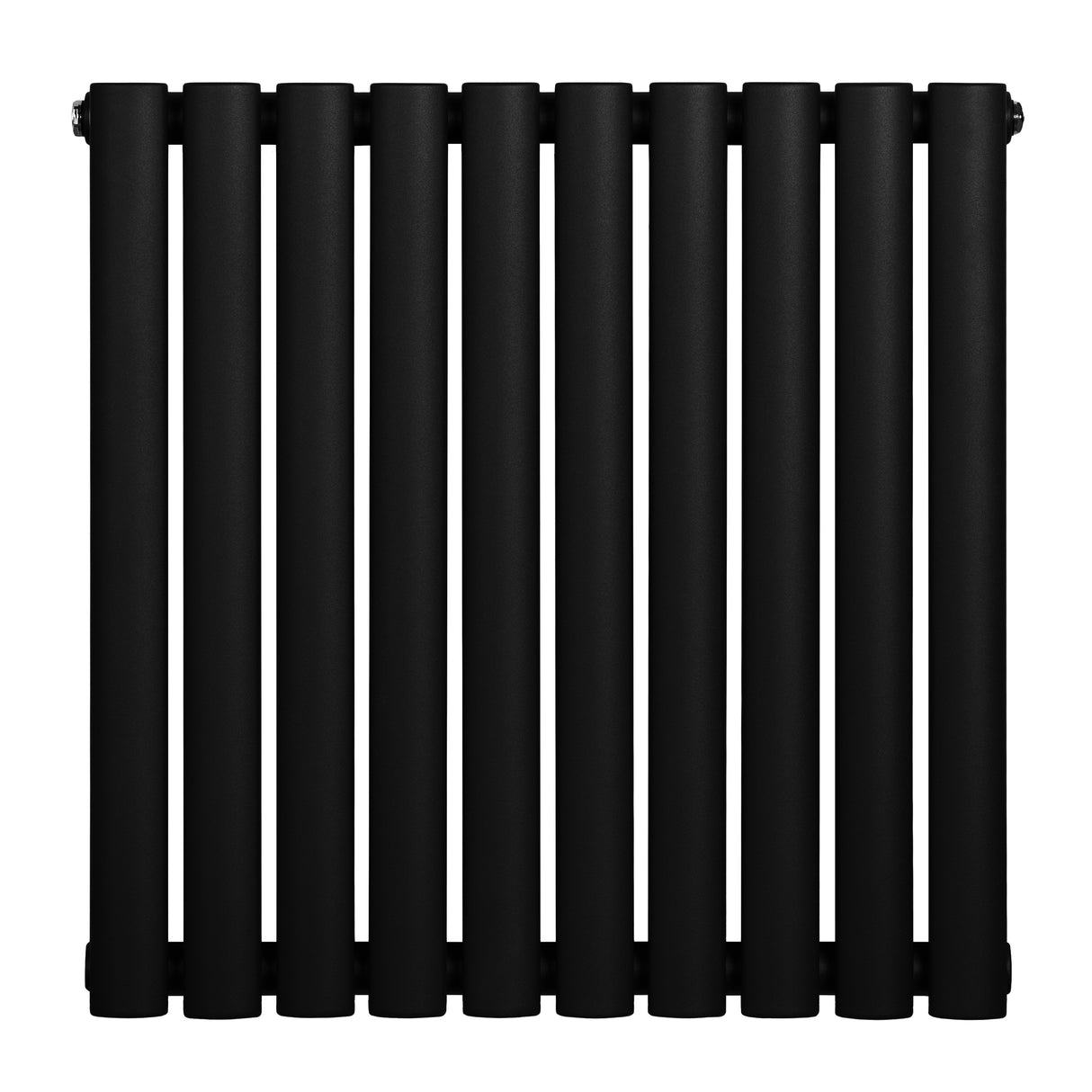 Ovale zwarte designradiator met één kolom, 600 mm x 600 mm, met een gladde, matte afwerking en moderne, strakke lijnen