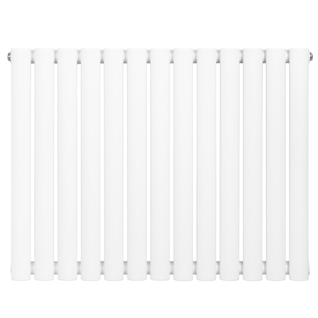 Ovale witte design radiator met één kolom, 600 mm hoog en 780 mm breed, gladde afwerking en moderne uitstraling