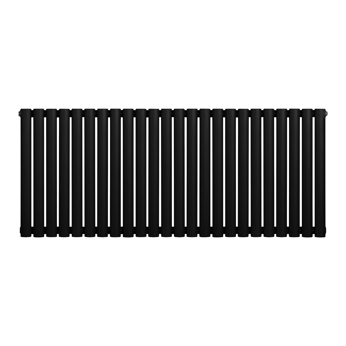 Ovale zwarte design radiator met één kolom, 600 mm hoog en 1440 mm breed, met een strakke, moderne uitstraling en gladde afwerking