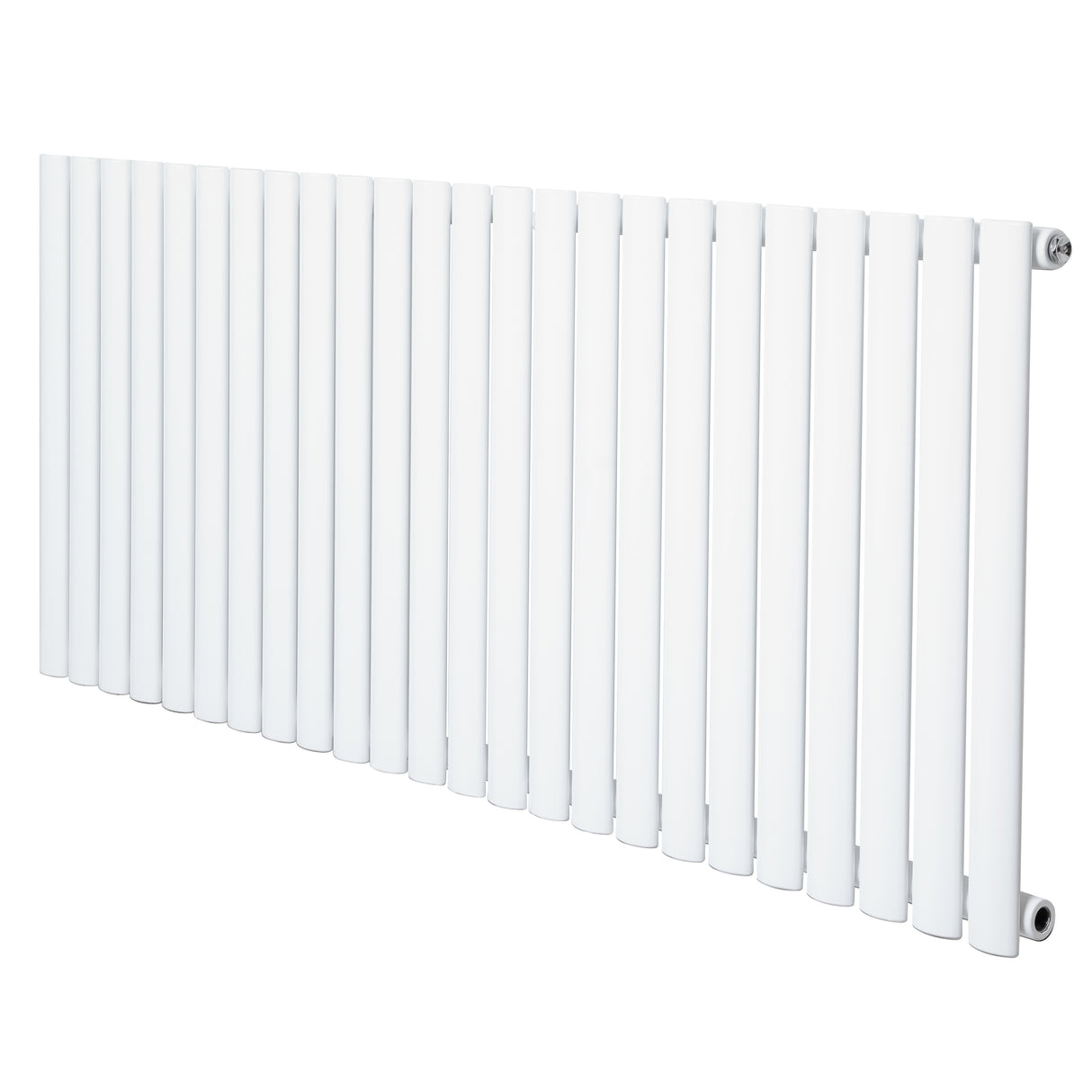 Ovale witte design radiator met één kolom, 600 mm hoog en 1440 mm breed, met een strakke, moderne uitstraling en gladde afwerking
