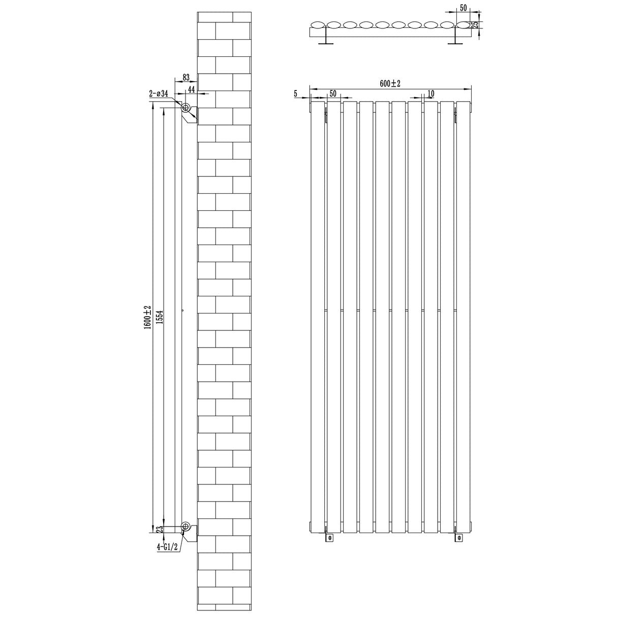 Ovale zwarte designradiator met één kolom, afmetingen 1600 mm x 600 mm, strak en modern ontwerp met verticale lamellen
