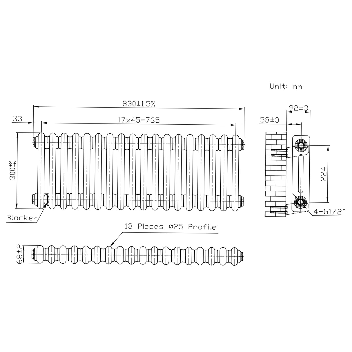 Traditionele Radiator - 2-Kolom - 300 x 830 mm - Ruw Metaal