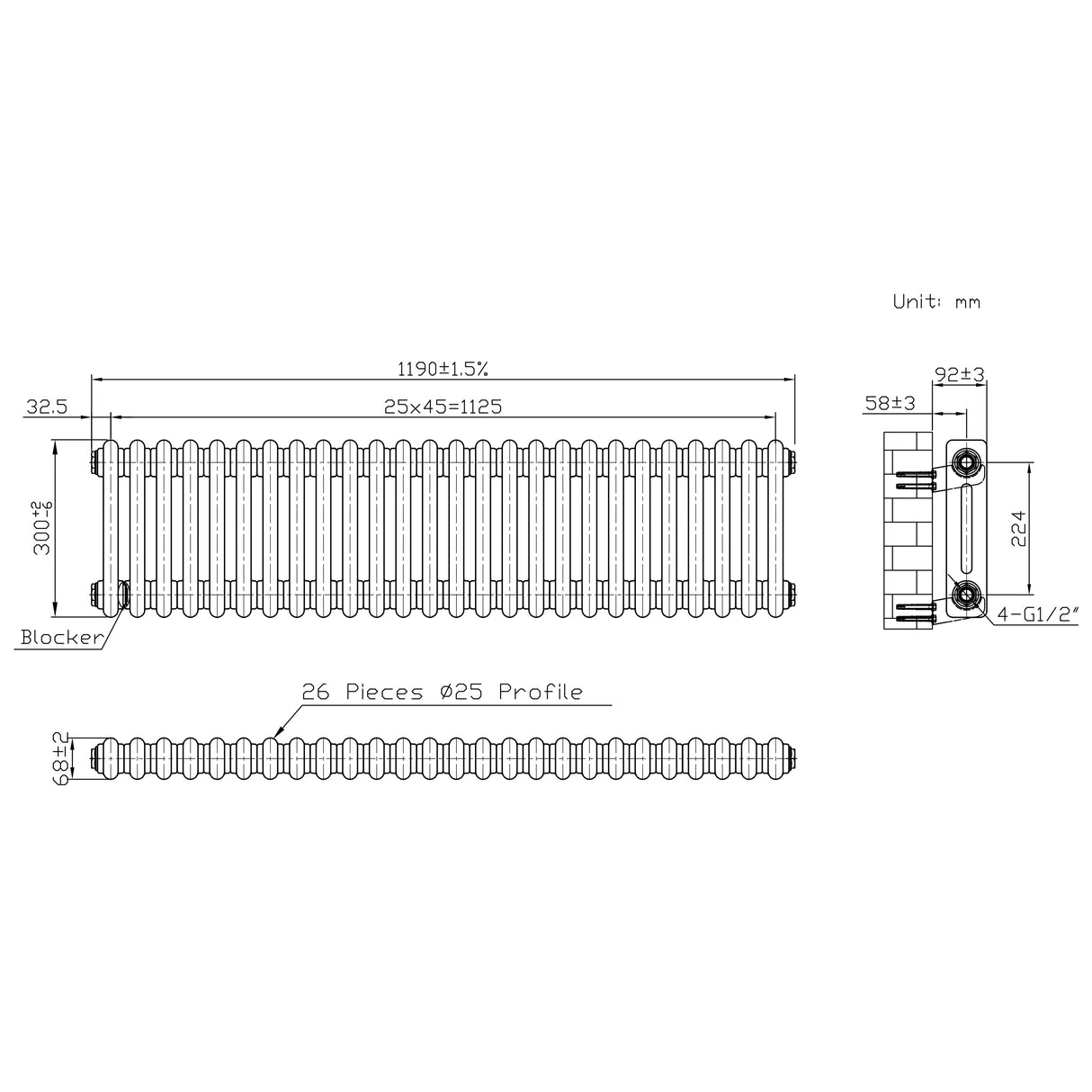 Traditionele Radiator - 2-Kolom - 300 x 1190 mm - Ruw Metaal