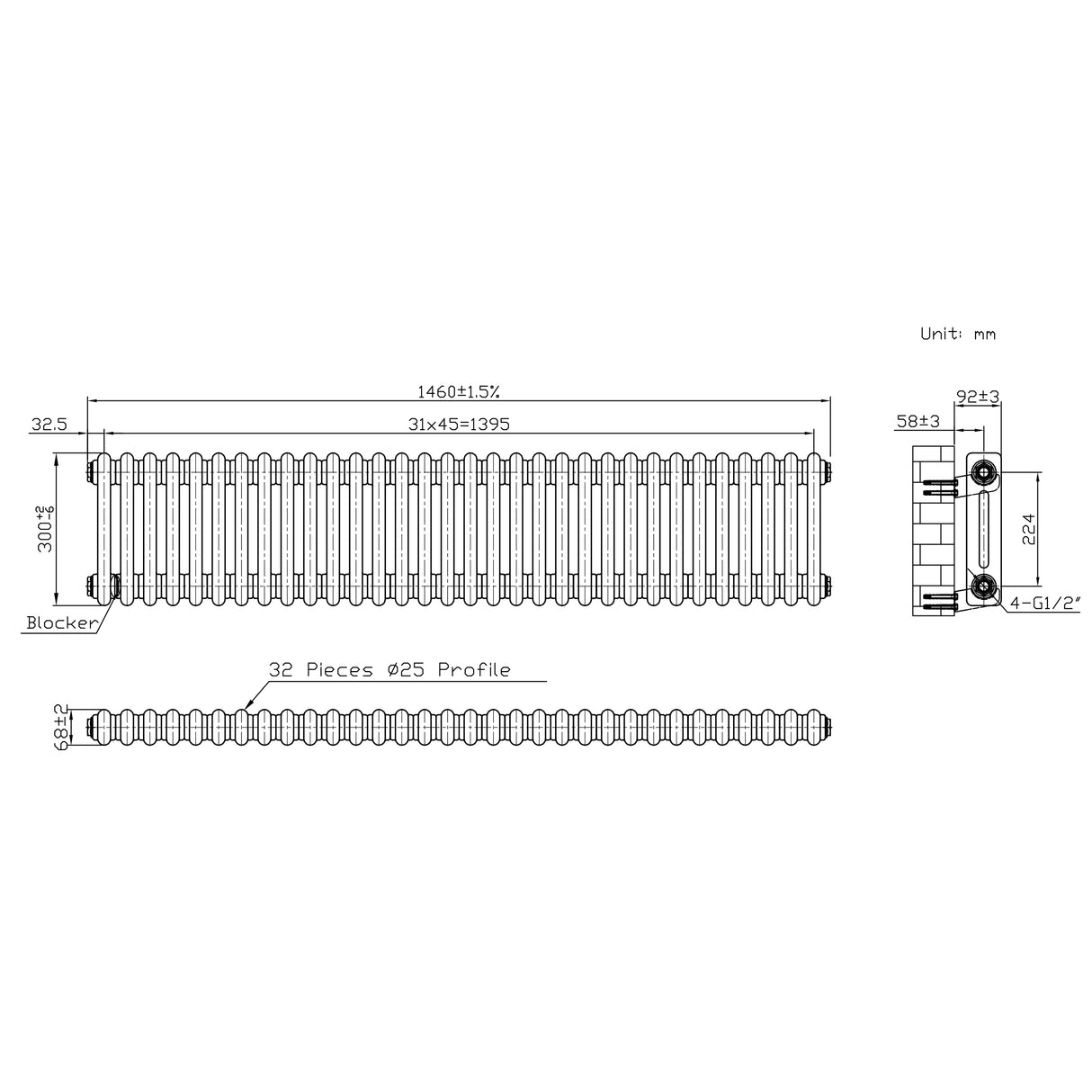 Traditionele Radiator - 2-Kolom - 300 x 1460 mm - Ruw Metaal