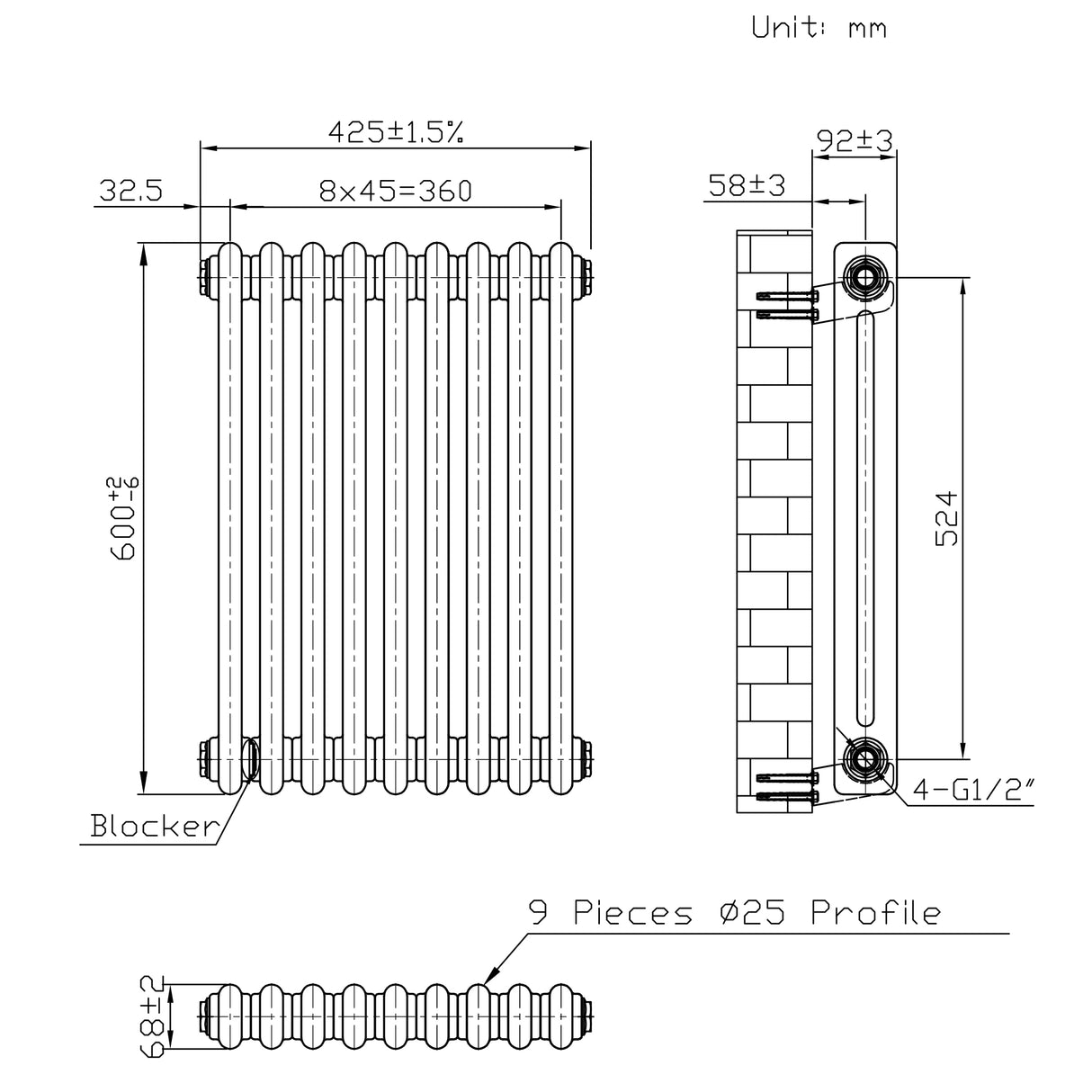 Traditionele Radiator - 2-Kolom - 600 x 425 mm - Ruw Metaal