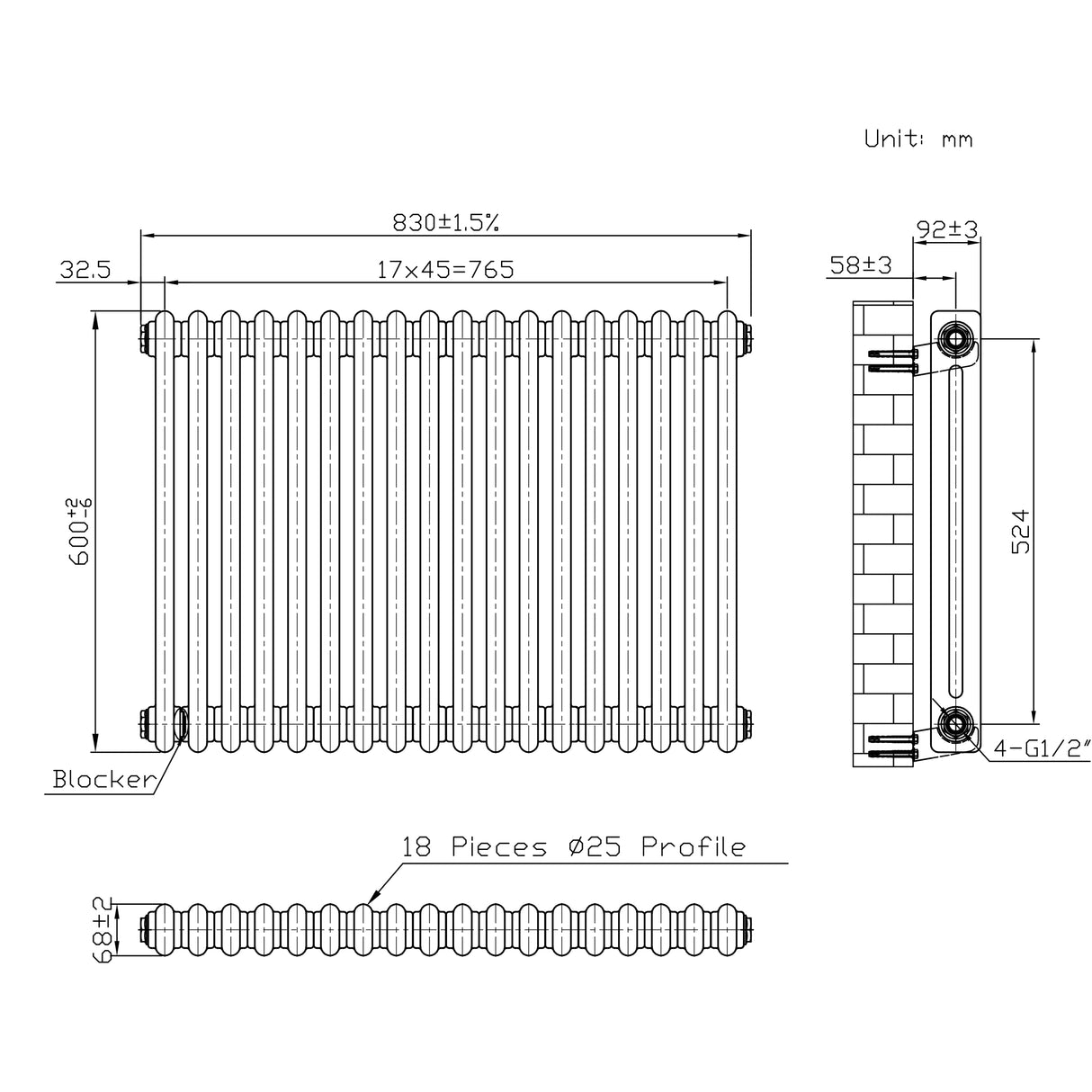 Traditionele Radiator - 2-Kolom - 600 x 830 mm - Ruw Metaal