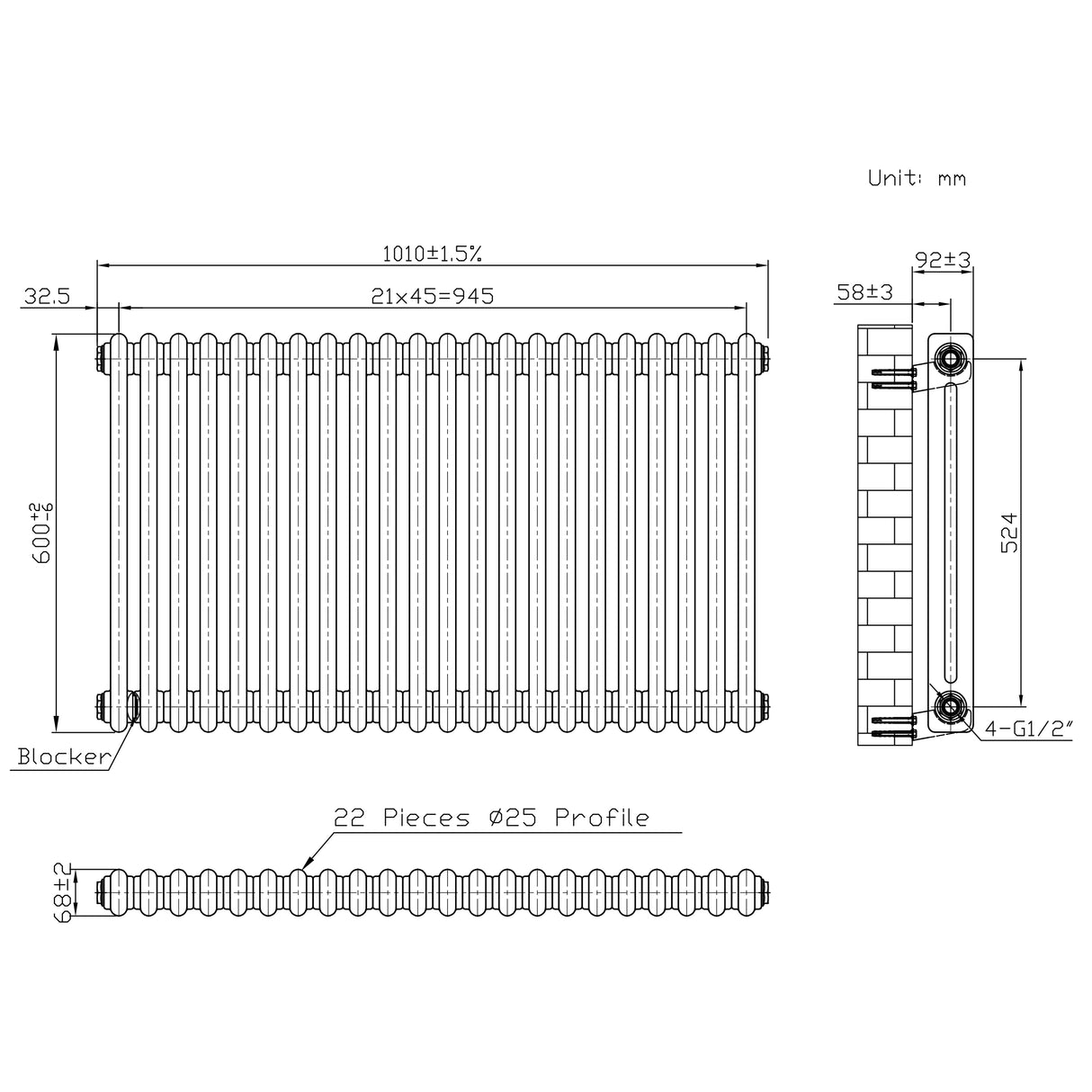 Traditionele Radiator - 2-Kolom - 600 x 1010 mm - Ruw Metaal
