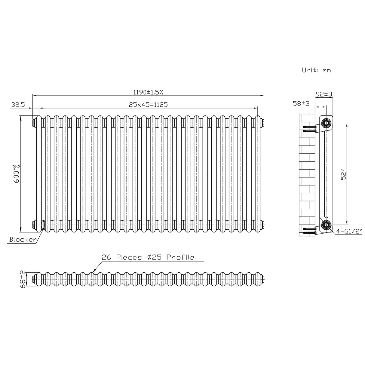 Traditionele Radiator - 2-Kolom - 600 x 1190 mm - Ruw Metaal