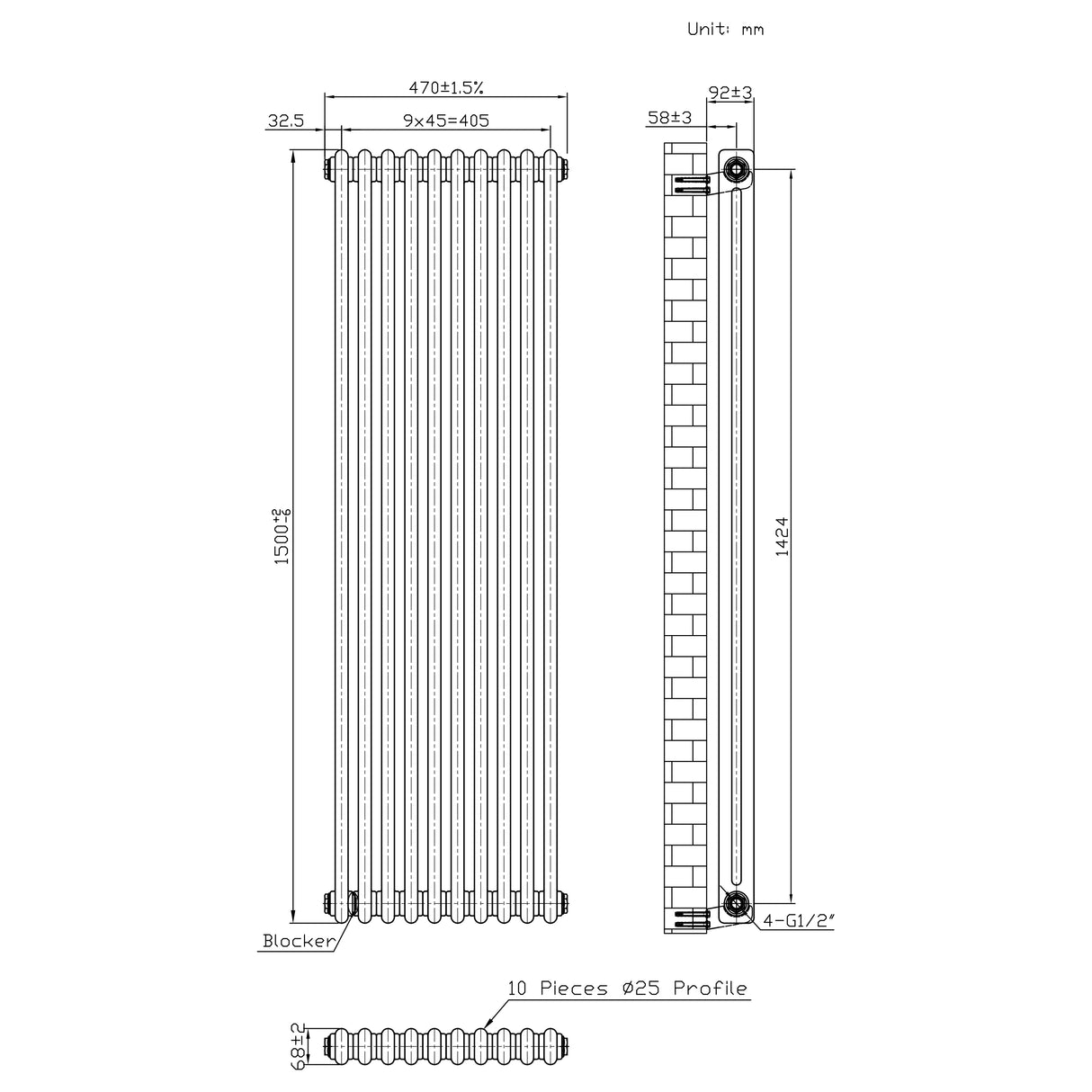 Traditionele Radiator - 2-Kolom - 1500 x 470 mm - Ruw Metaal