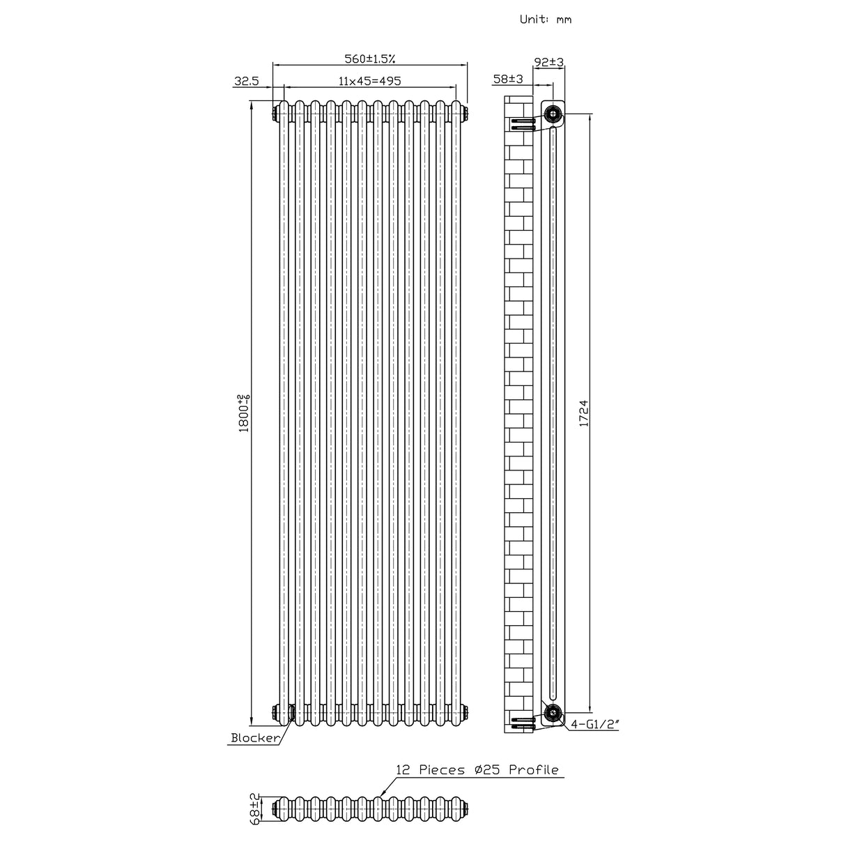 Traditionele Radiator - 2-Kolom - 1800 x 560 mm - Ruw Metaal
