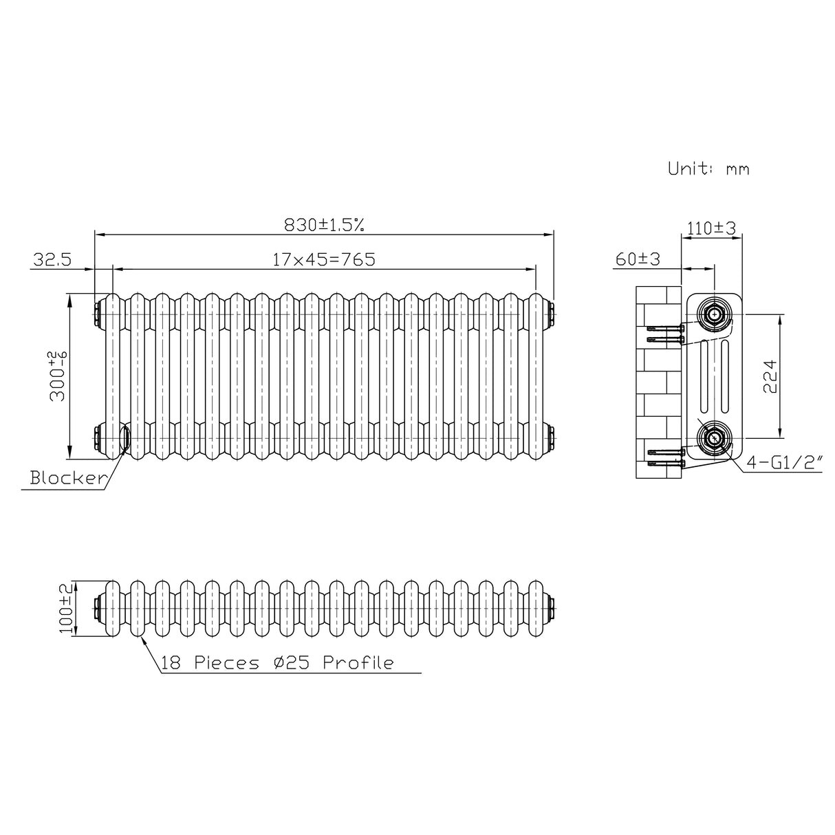 Traditionele Radiator - 3-Kolom - 300 x 650 mm - Ruw Metaal