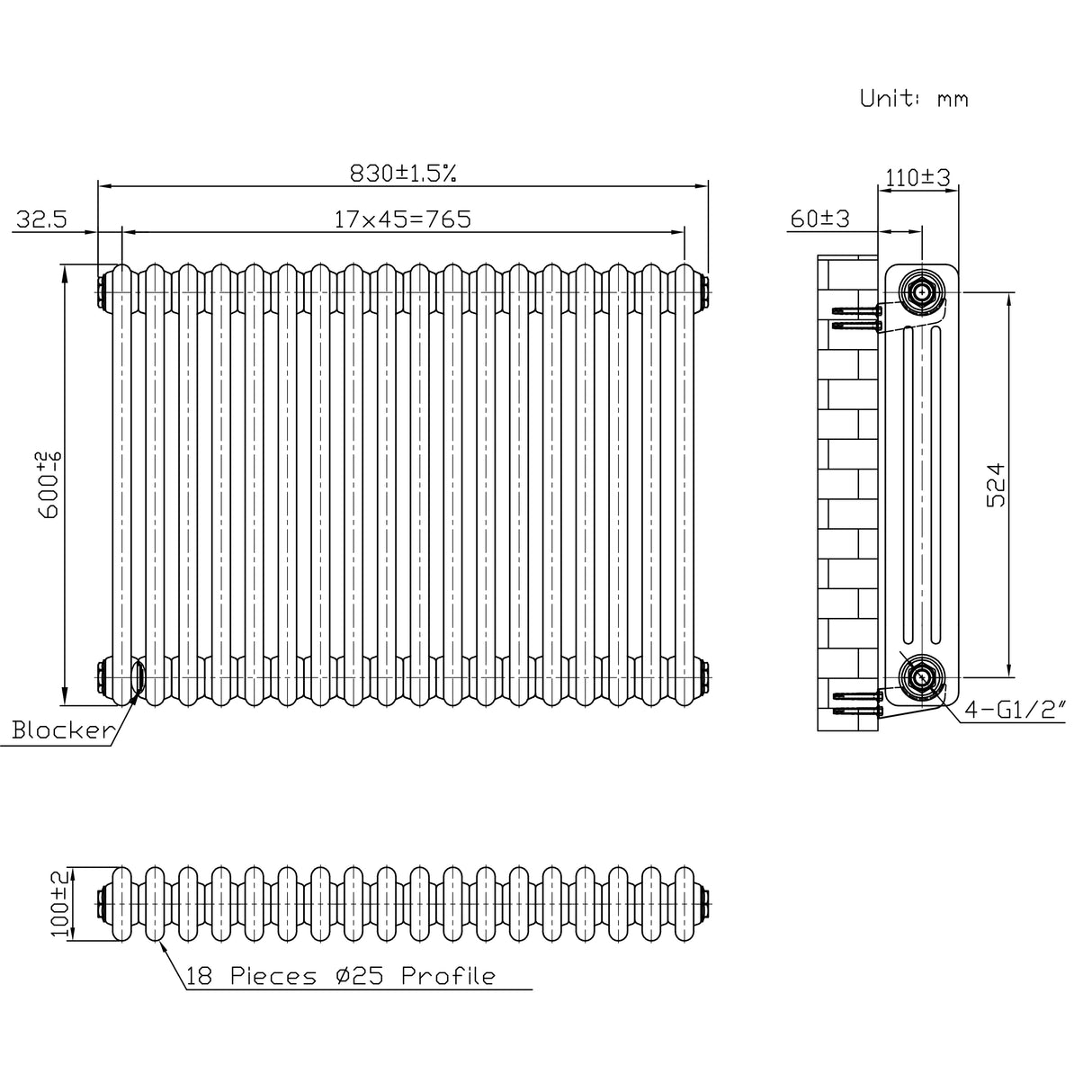Traditionele Radiator - 3-Kolom - 600 x 830 mm - Ruw Metaal