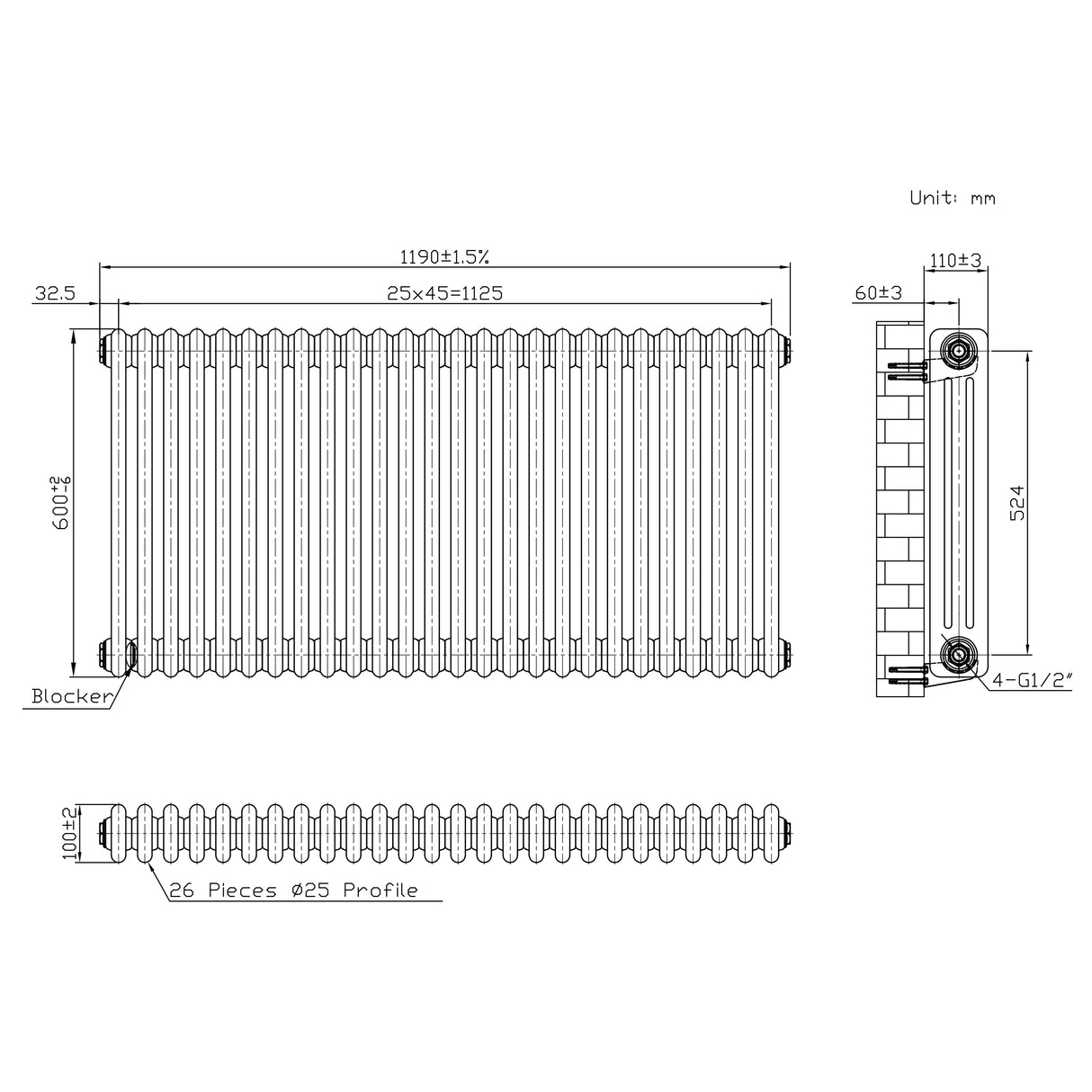 Traditionele Radiator - 3-Kolom - 600 x 1190 mm - Ruw Metaal