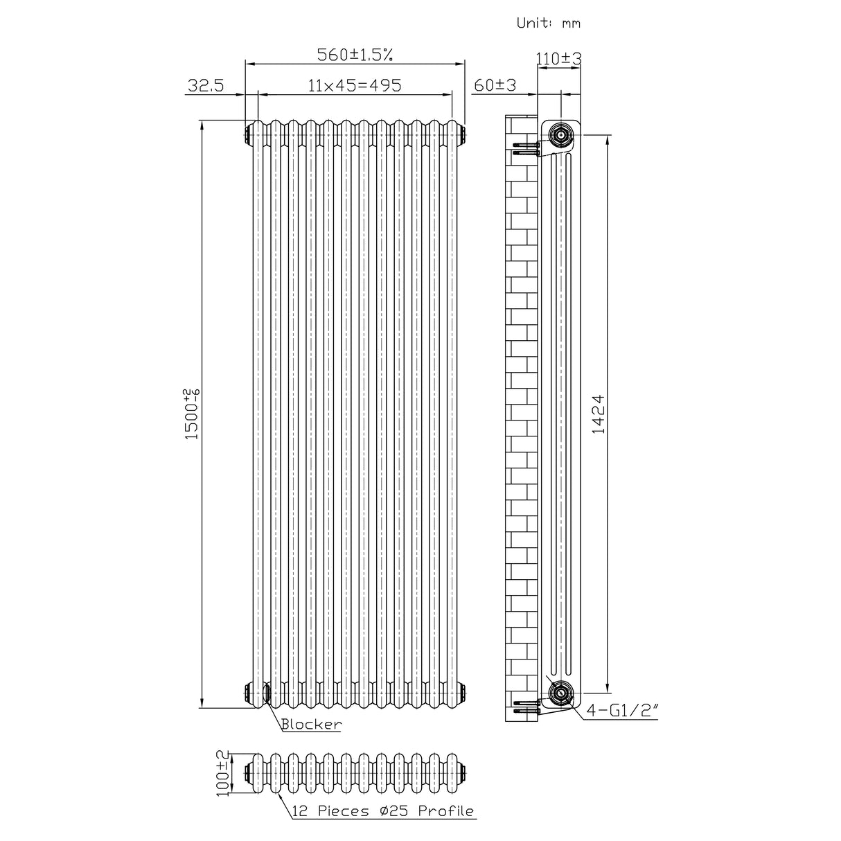 Traditionele Radiator - 3-Kolom - 1500 x 560 mm - Ruw Metaal