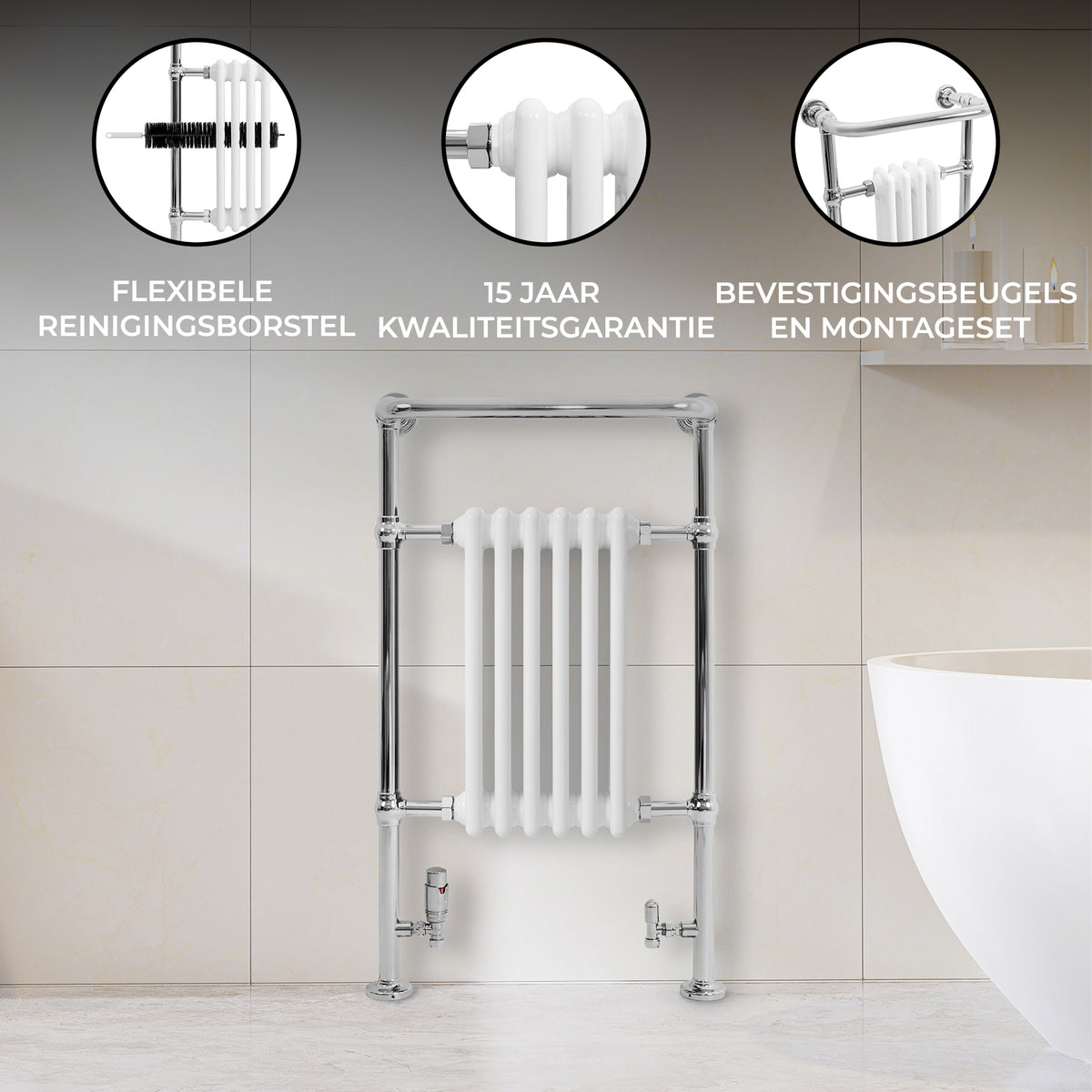 Klassieke witte radiator met verwarmde handdoekrek, metalen buizen, strakke lijnen en moderne afwerking in een stijlvolle badkameromgeving