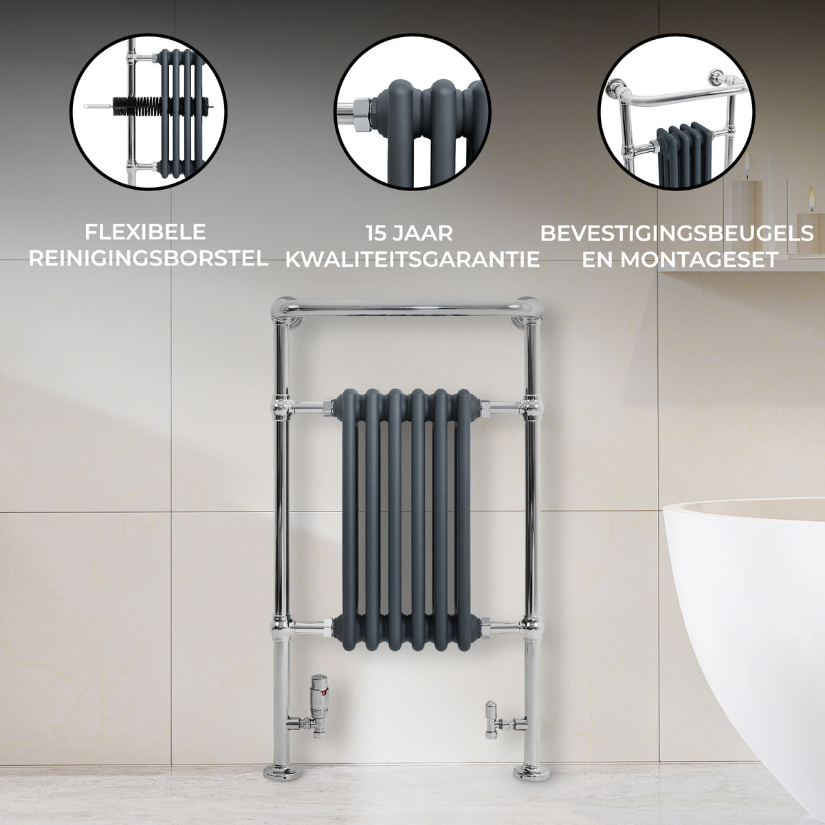 Klassieke antraciet grijze radiator met verwarmde handdoekrek, stijlvolle verticale buizen en glanzende chromen details, geschikt voor moderne badkamers