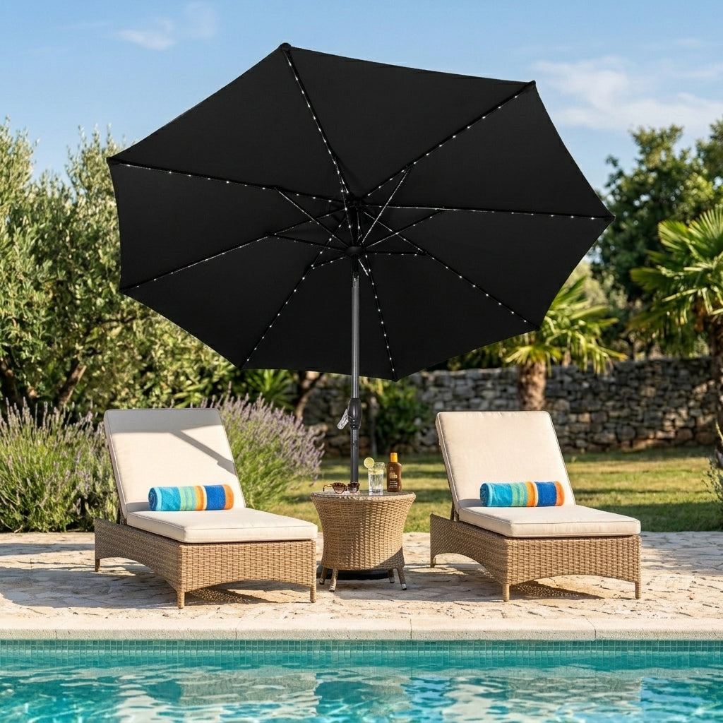 LED Kantelbare Stokparasol 2.7 m met Parasolvoet - Zwart