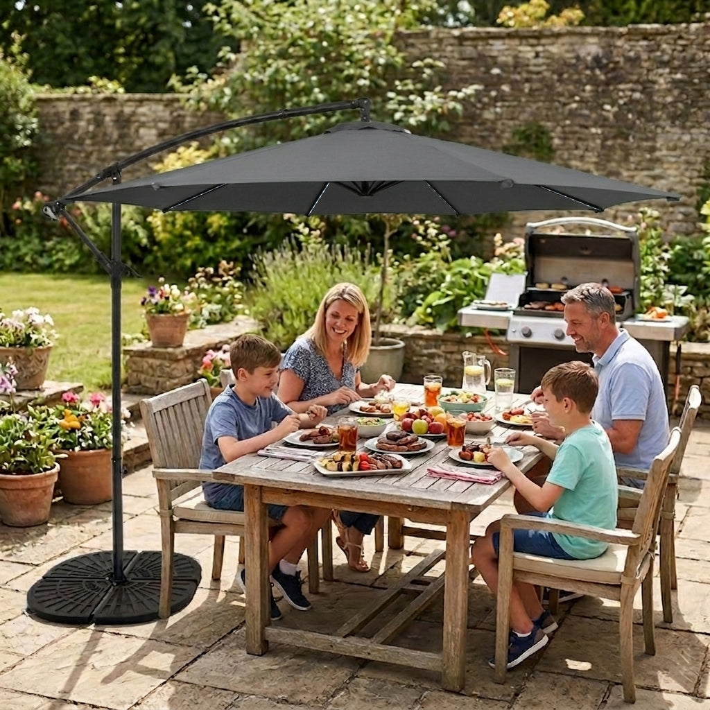 LED Zweefparasol 3 m met Rond 4-Delige Parasolvoet - Grijs