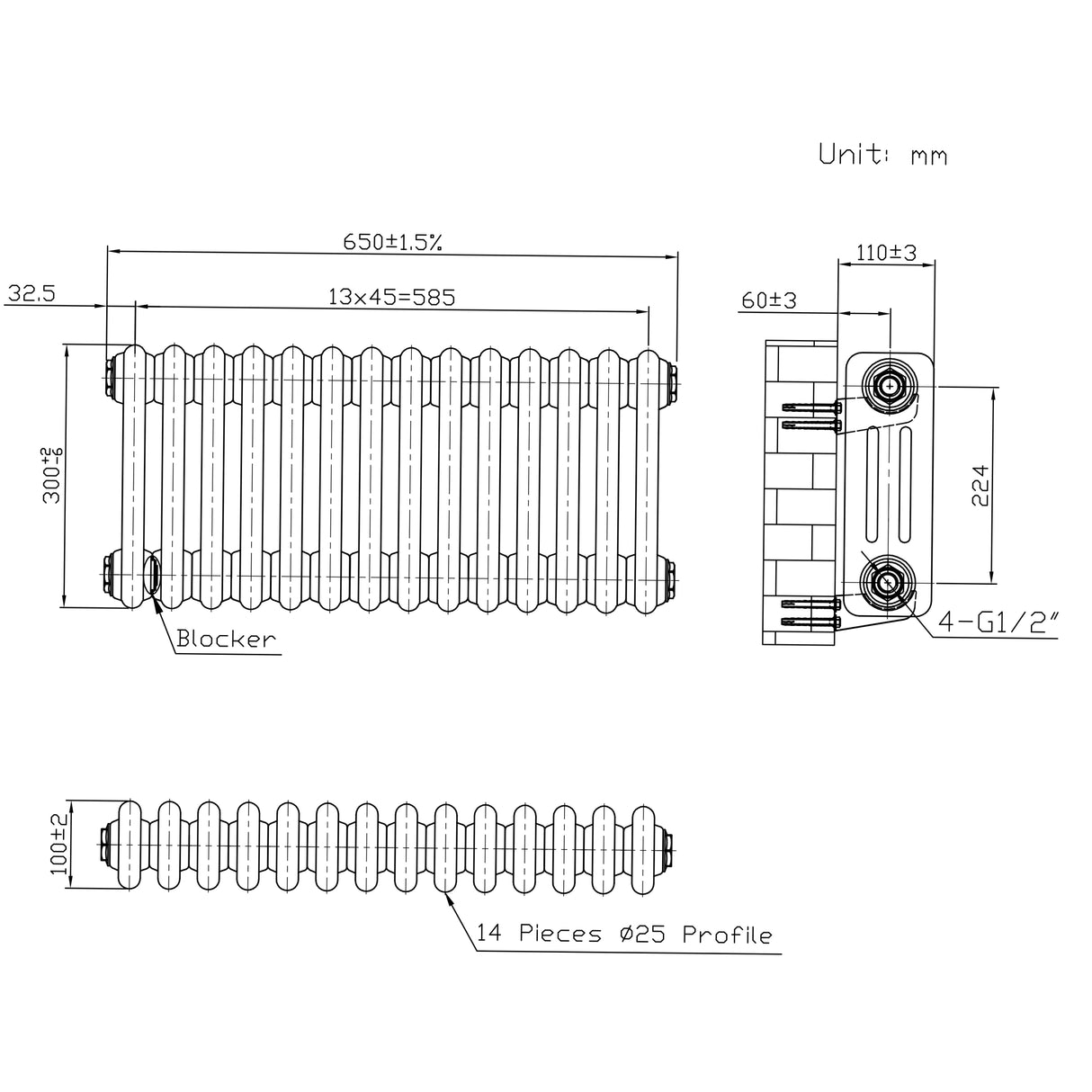 Traditionele Radiator & Kraan - 3-Kolom - 300 x 650 mm - Ruw Metaal