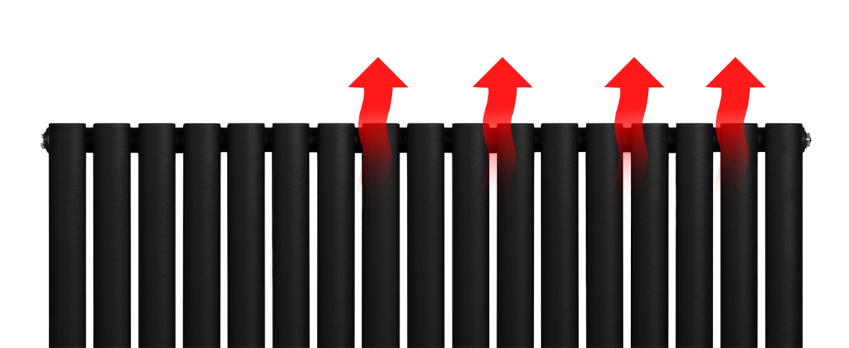 Zwarte radiator met verticale lamellen en rode pijlen die de opwarming van de ruimte aangeven, modern en minimalistisch ontwerp