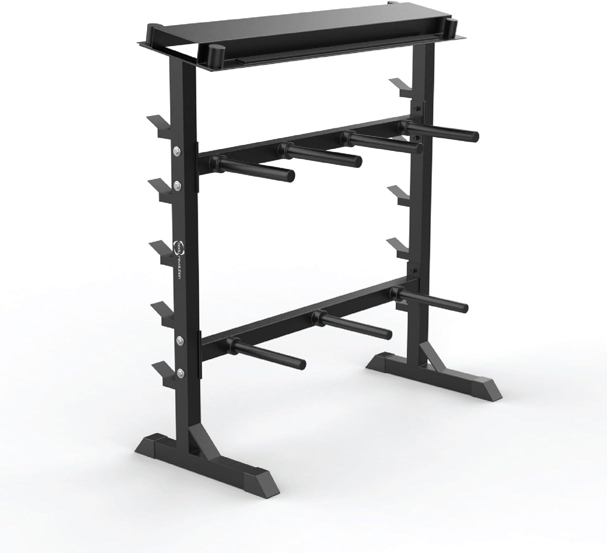 Stevige A-Frame dumbbell rek in zwart met meerdere houders, stevige constructie en een moderne uitstraling voor fitnessruimtes