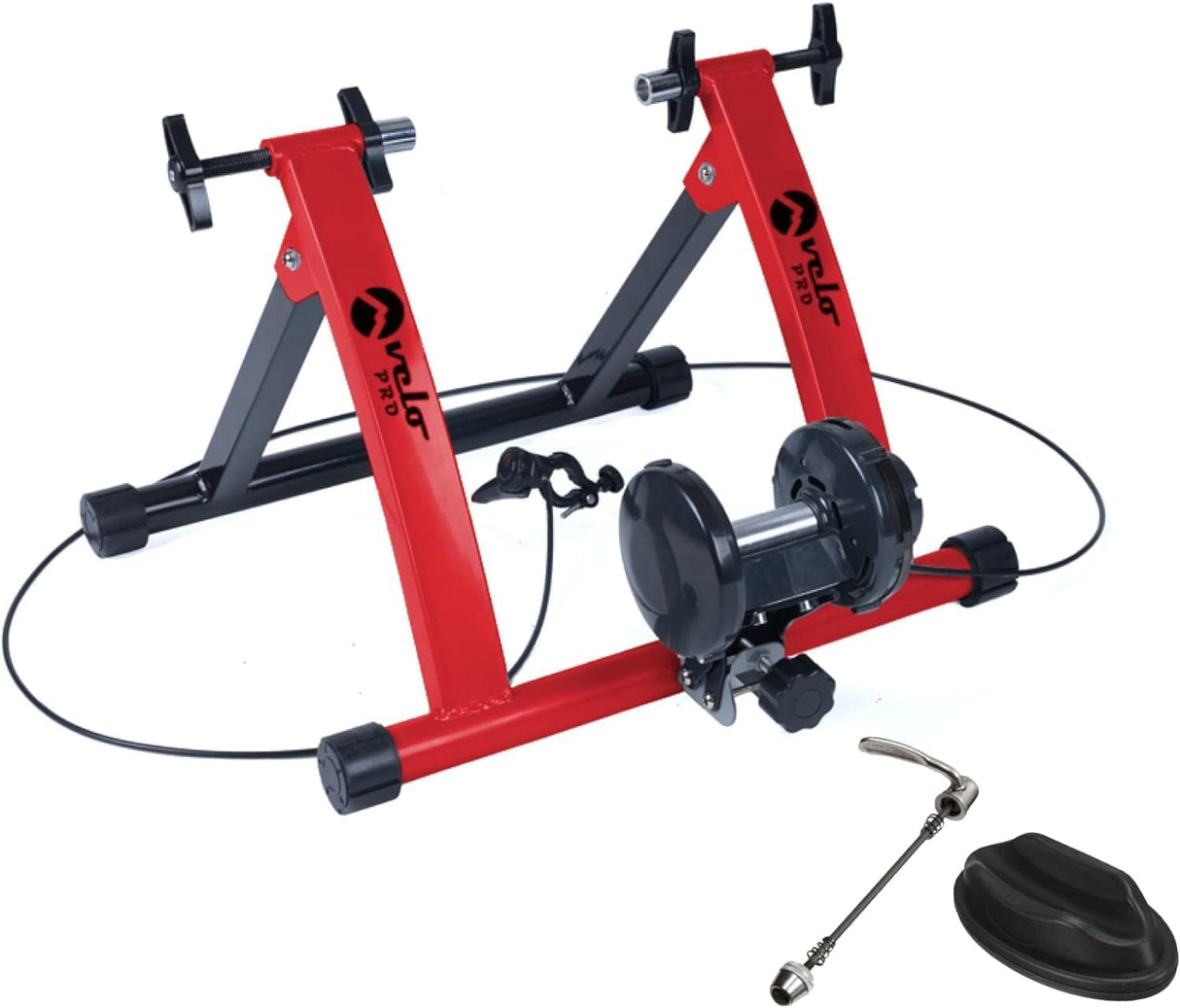 Rode magnetische fietstrainer Velo Pro met stevige zwarte basis, inclusief mat en accessoires voor optimale stabiliteit en gebruiksgemak