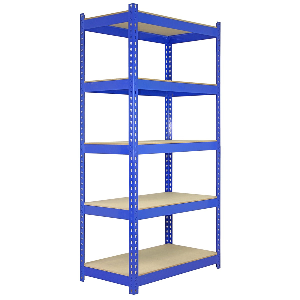 Blauwe metalen stellingkast met vijf planken, stevige constructie en een moderne uitstraling, ideaal voor opslag en organisatie