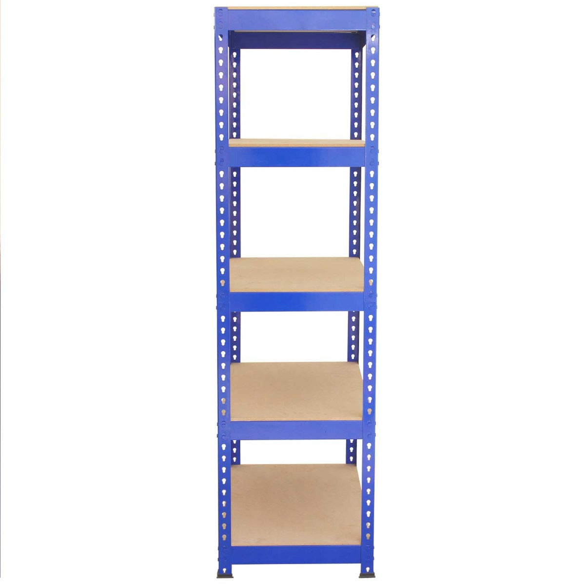 Blauwe metalen stellingkast met vijf houten planken, ideaal voor opslag en organisatie in garage of werkplaats