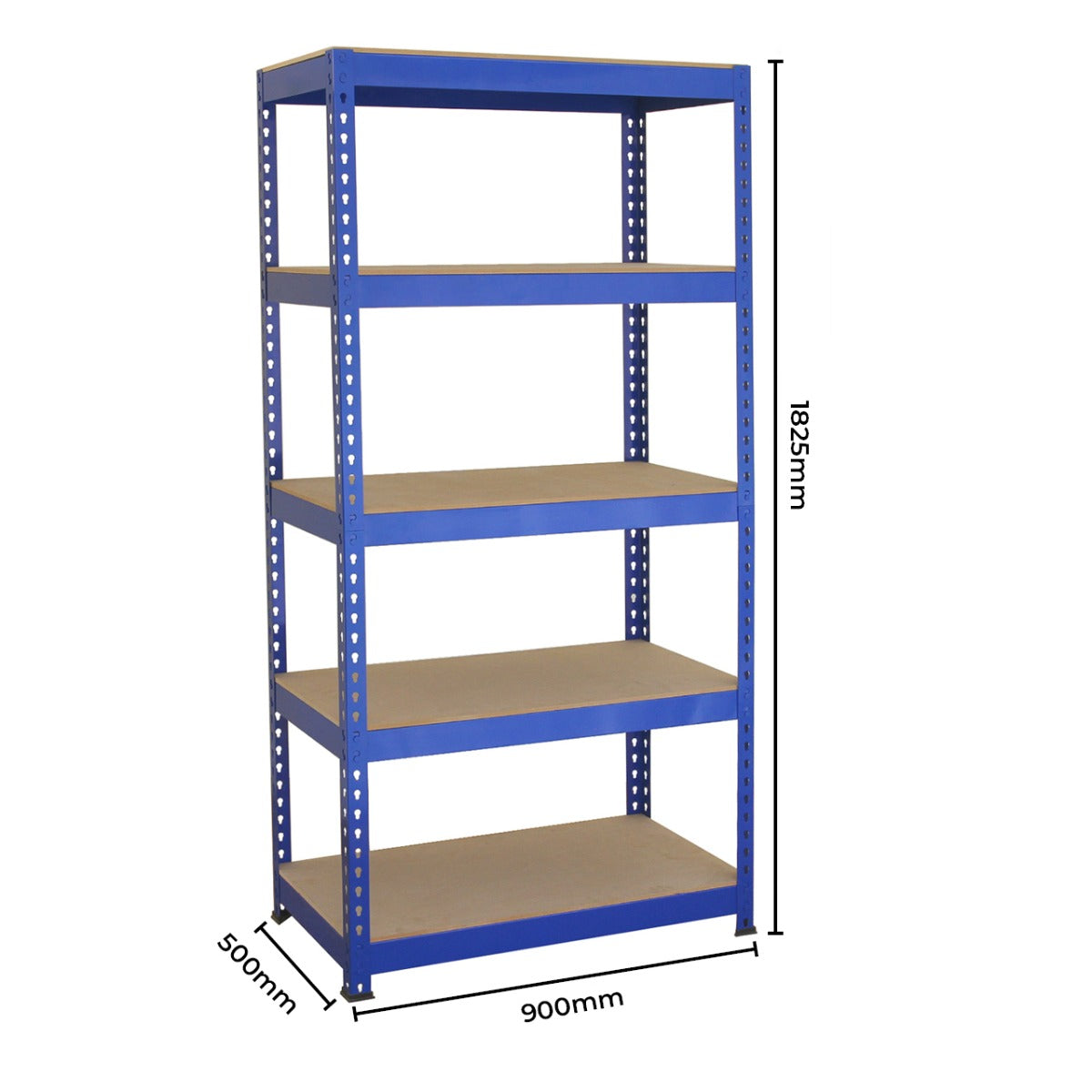 Blauwe metalen stellingkast met vijf planken, 90 cm breed, 182,5 cm hoog, stevige constructie en een moderne uitstraling