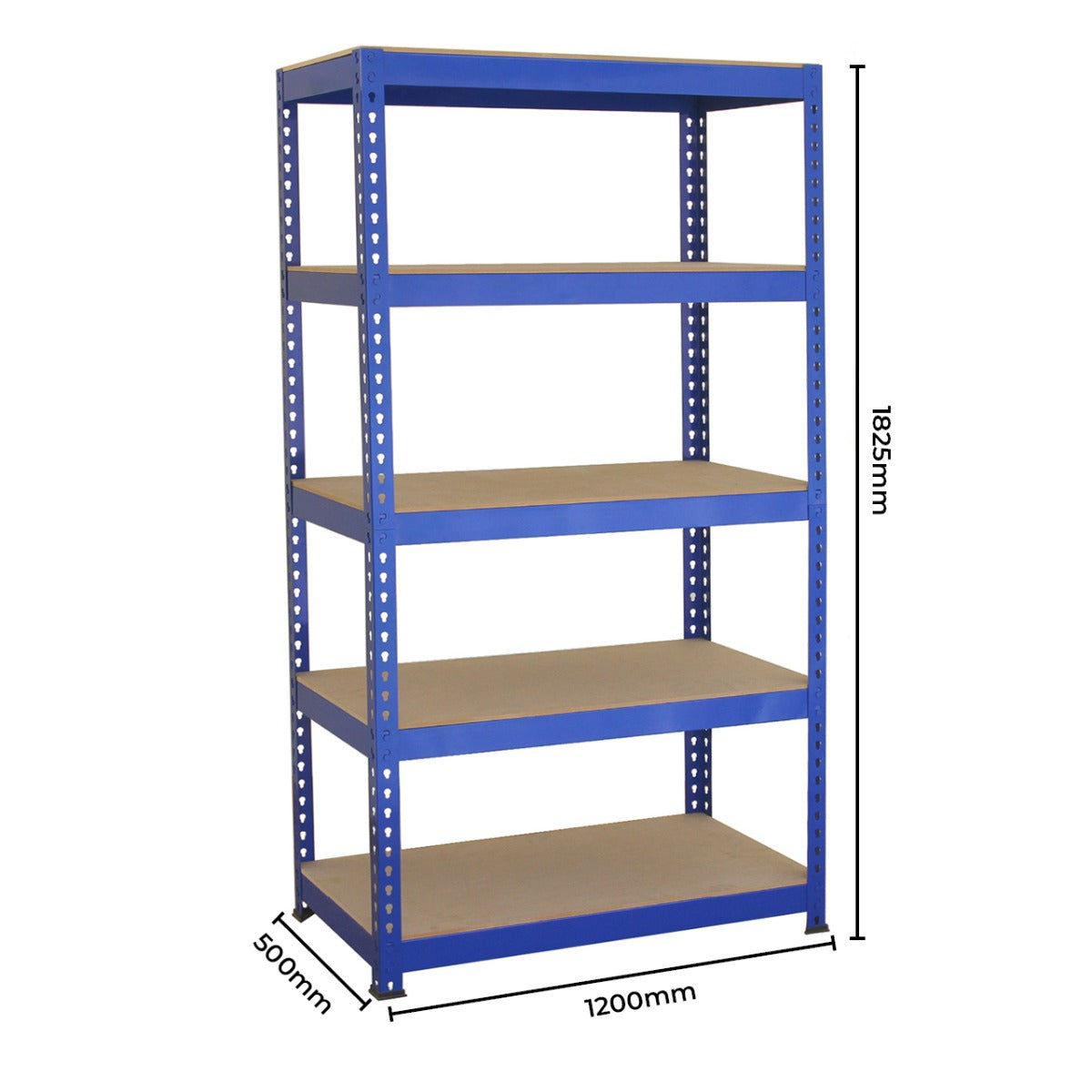 Blauwe metalen stellingkast met vijf planken, 1825 mm hoog, 1200 mm breed en 500 mm diep, ideaal voor opslag en organisatie