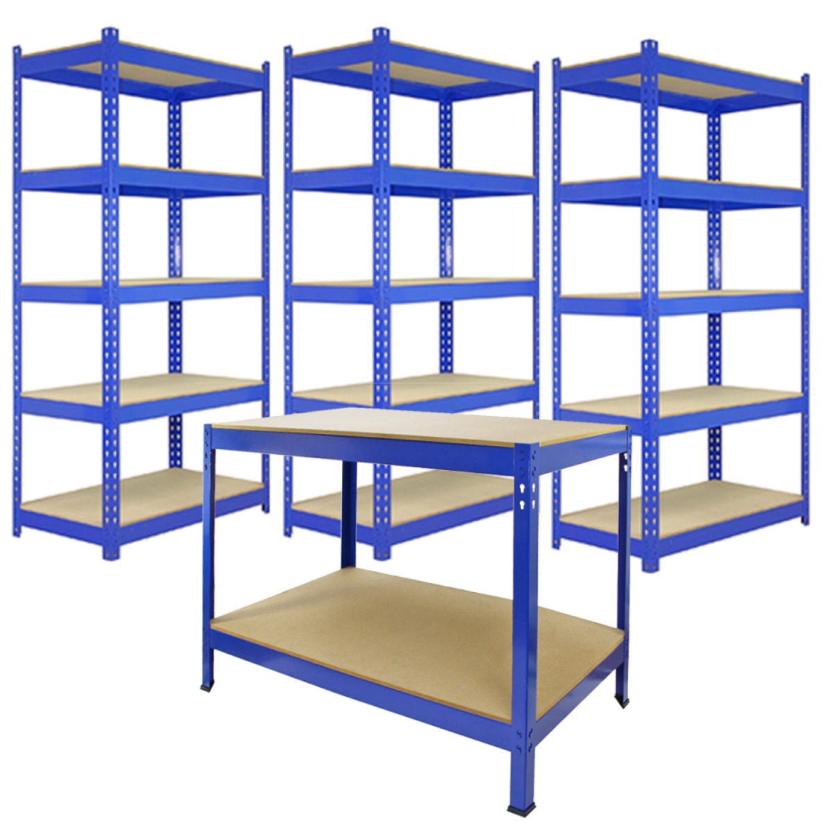 Drie blauwe metalen stellingkasten van 90 cm met een stevige werkbank en een hamer, ideaal voor opslag en werkruimte