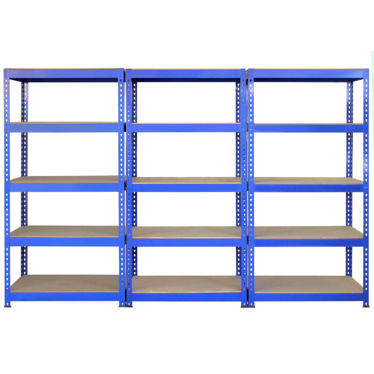 Drie blauwe metalen stellingkasten van 90 cm met stevige houten planken, ideaal voor opslag en werkruimtes, met robuuste constructie