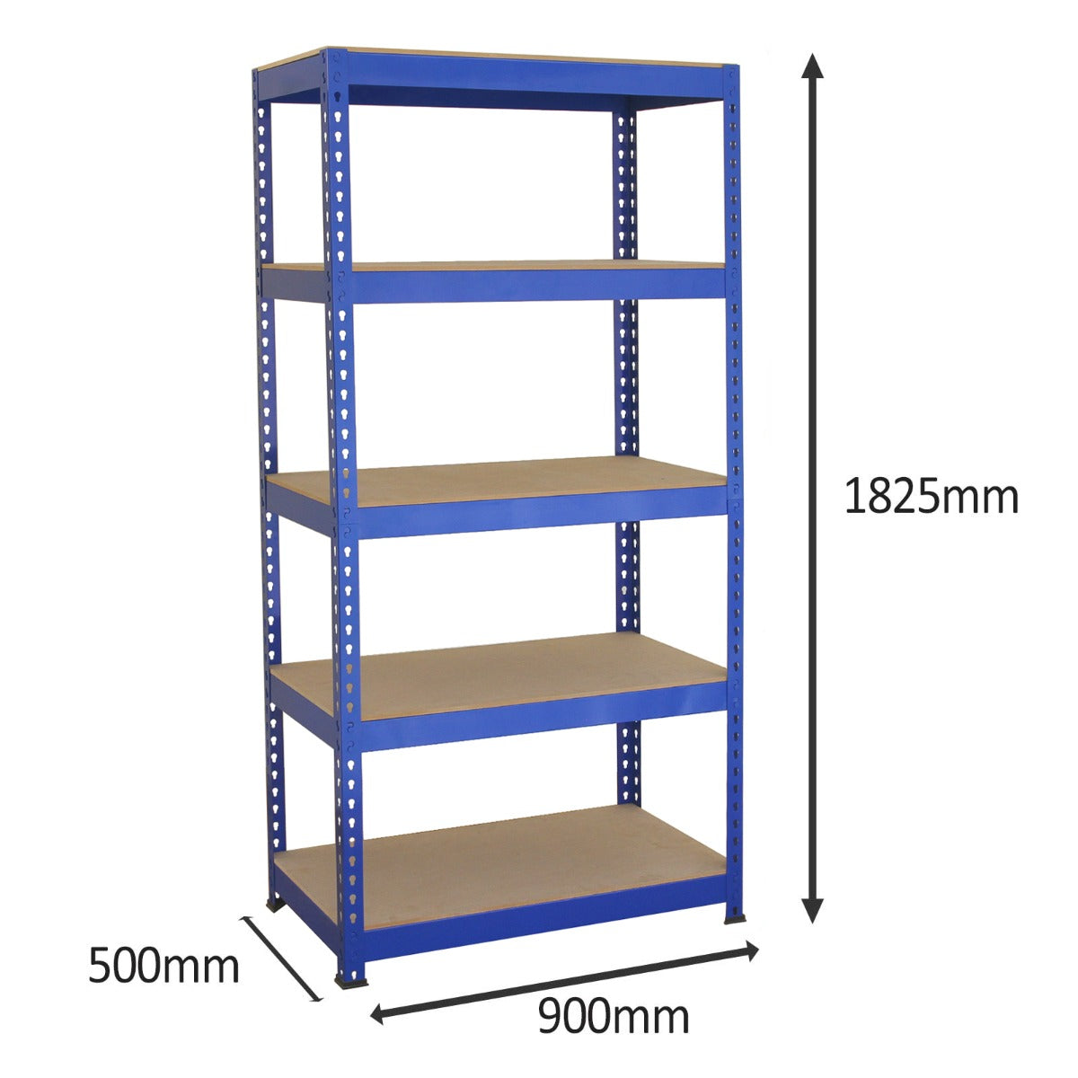 Blauwe metalen stellingkast van 90 cm breed, 182,5 cm hoog, met vijf stevige planken en een robuuste werkbank onderaan