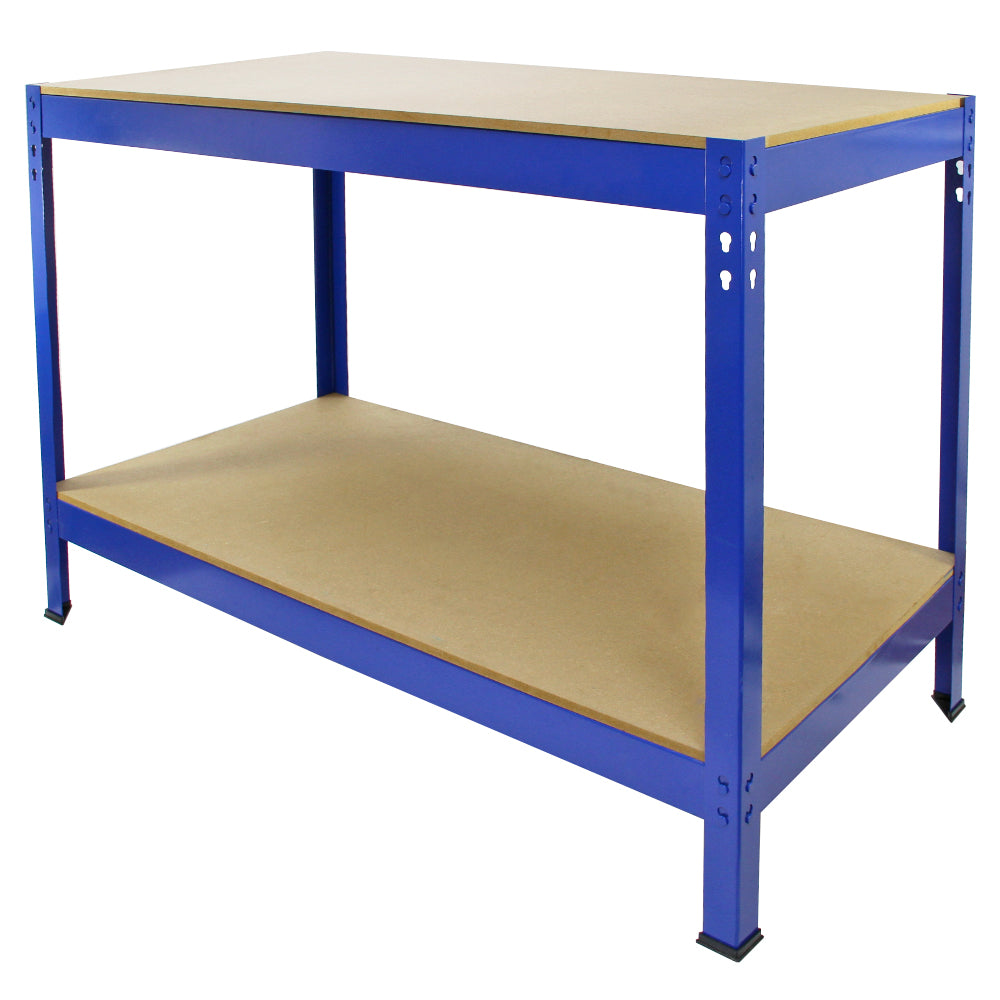 Blauwe metalen stellingkast met twee planken, bovenste plank van MDF, stevige constructie, ideaal voor opslag en werkruimte