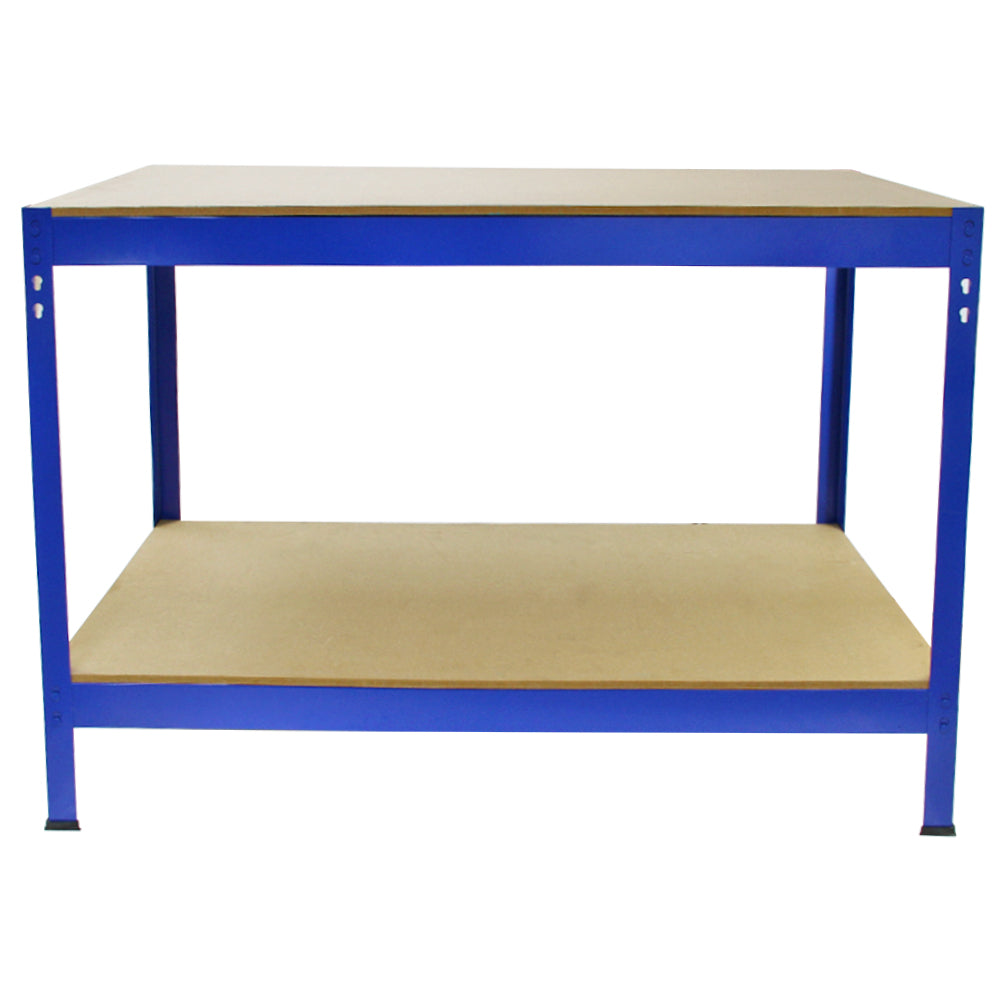 Blauwe metalen werkbank met een stevige MDF-top en twee planken, ideaal voor opslag en werkdoeleinden in een garage of werkplaats