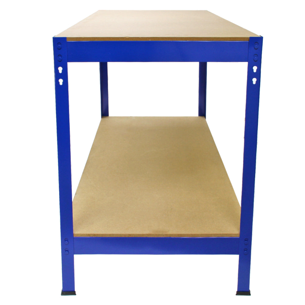 Blauwe metalen stellingkast met een stevige MDF-plank, ideaal voor opslag en werkruimte, met een modern en duurzaam ontwerp