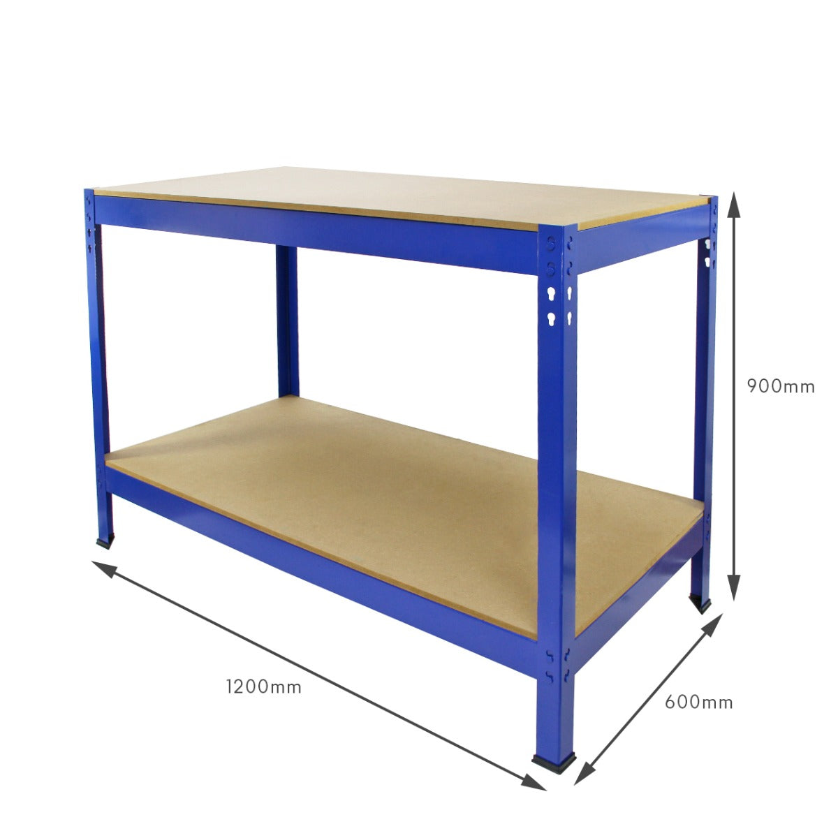 Blauwe metalen werkbank met twee planken, stevig MDF-blad, afmetingen 120x60x90 cm, ideaal voor opslag en werkdoeleinden