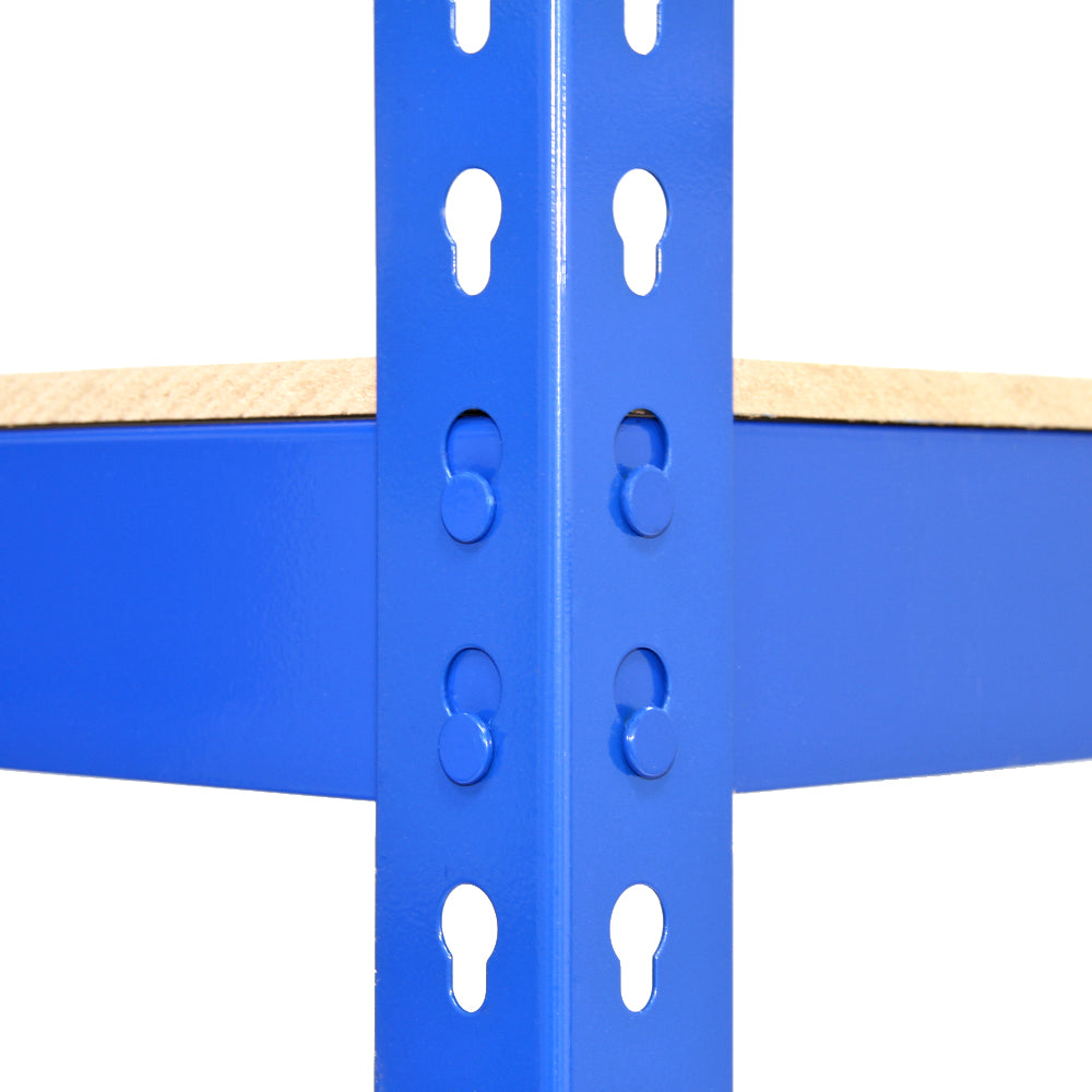 Blauwe metalen stellingkast met stevige planken, verticale steunpilaren en een gladde, glanzende afwerking voor duurzaamheid