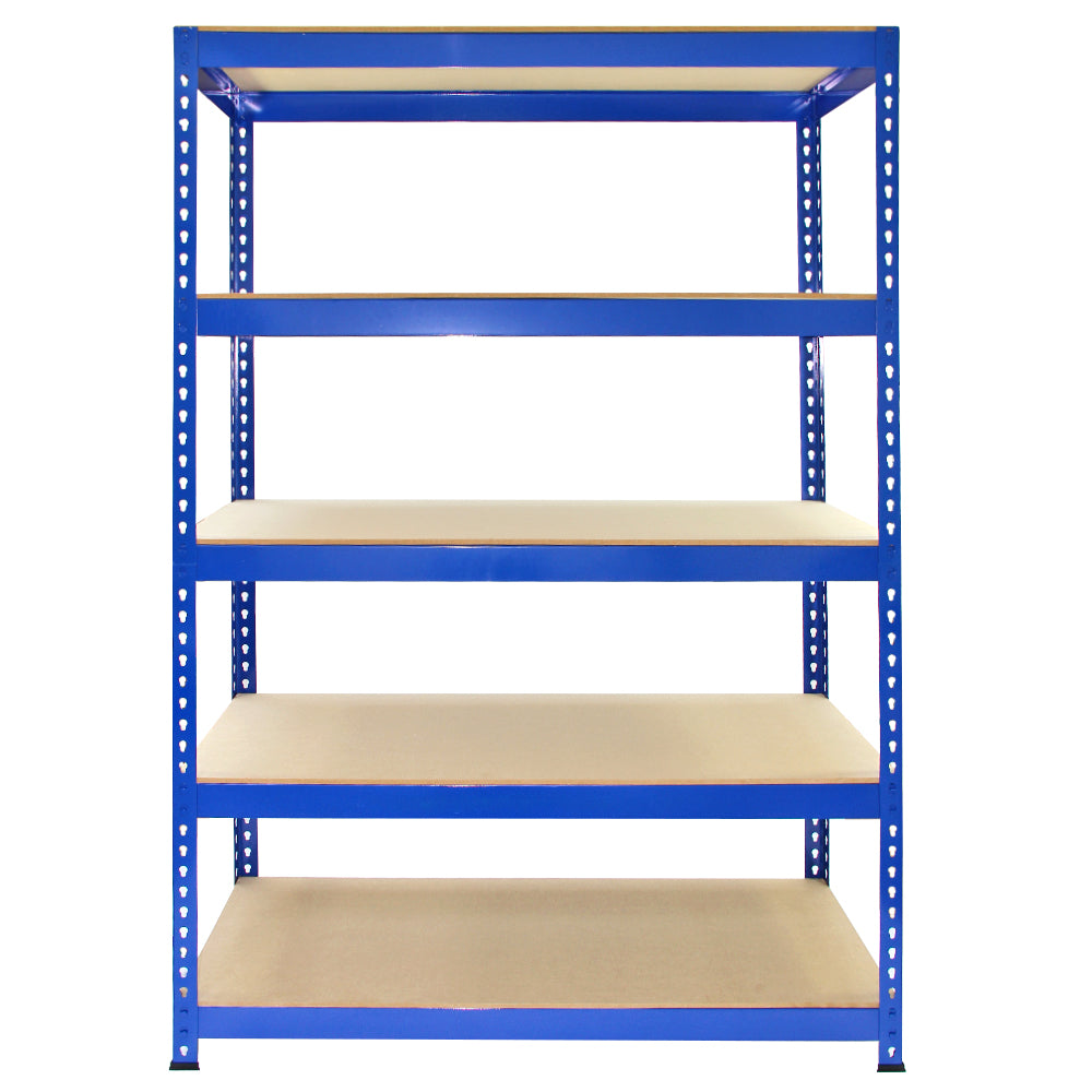 Blauwe metalen stellingkast met vijf stevige planken, ideaal voor opslag, met een afmeting van 120 x 50 x 180 cm