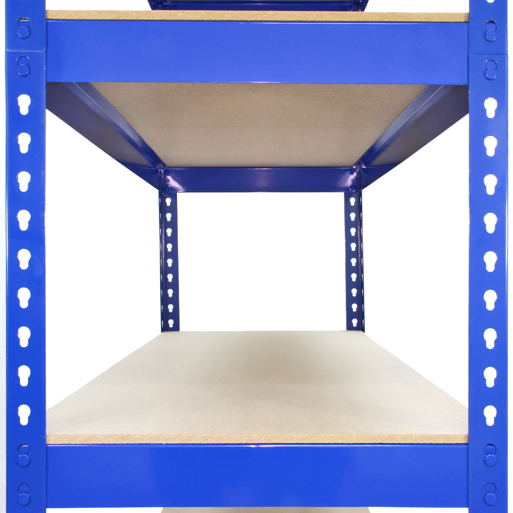 Blauwe metalen stellingkast met drie planken, stevige constructie, en een hoogte van 180 cm, ideaal voor opslag en organisatie