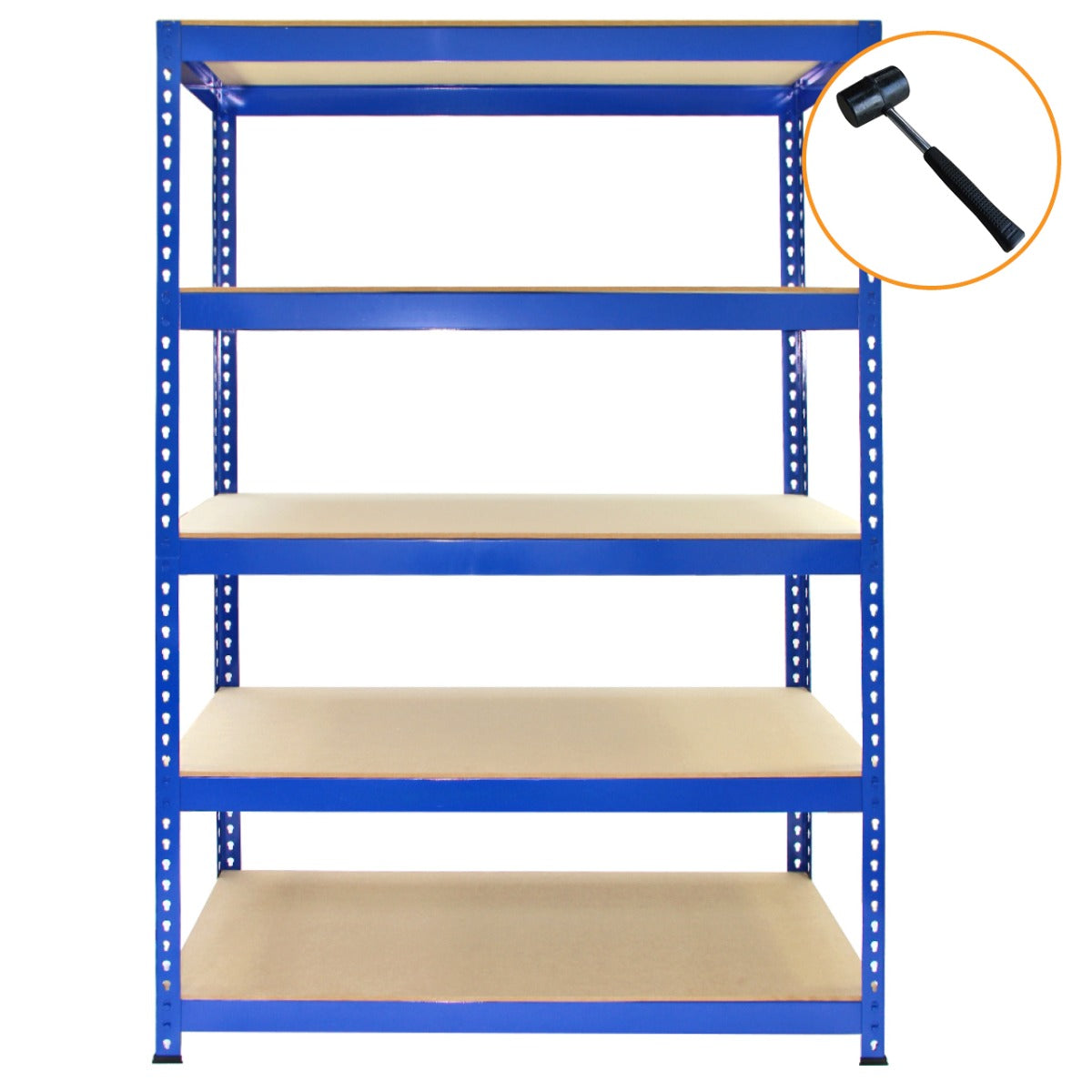 Blauwe metalen stellingkast met vijf stevige planken, ideaal voor opslag, met een hamer als extra accessoire zichtbaar in de hoek