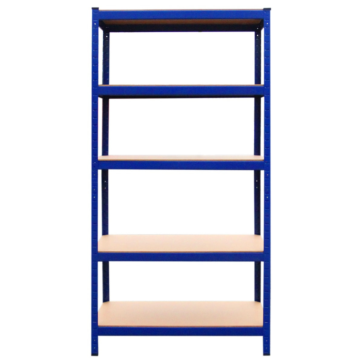 Blauwe metalen stellingkast met vijf planken, 90cm breed, 45cm diep en 180cm hoog, ideaal voor opslag en organisatie