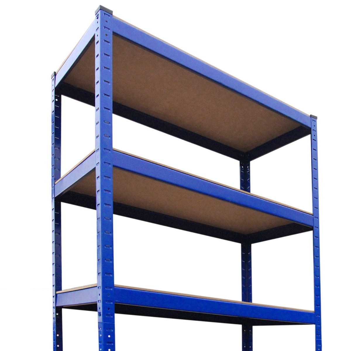 Blauwe metalen stellingkast met vier stevige planken, perfect voor opslag, met een afmeting van 90cm x 45cm x 180cm