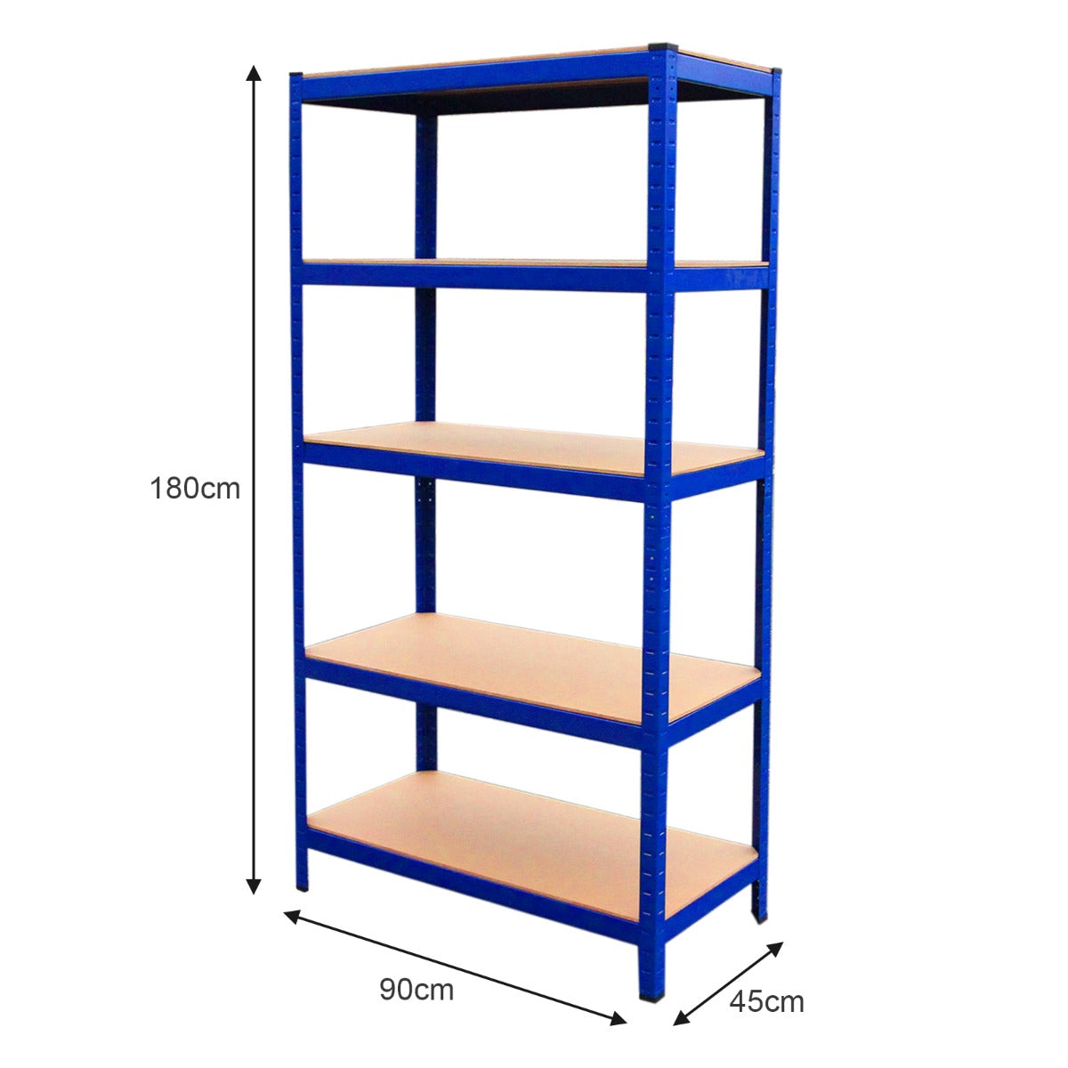 Blauwe metalen stellingkast met vijf houten planken, afmetingen 90cm x 45cm x 180cm, stevig en functioneel voor opslag
