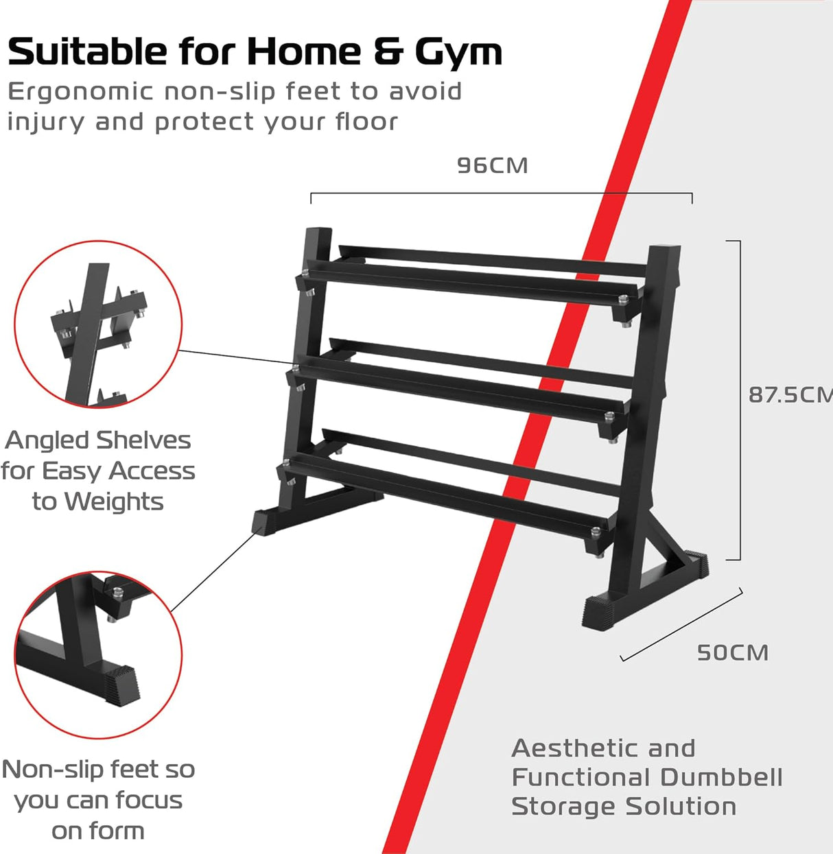Drie-laags stalen dumbbellrek met een matte zwarte afwerking, ontworpen voor stabiliteit en ruimtebesparing in huis of gym